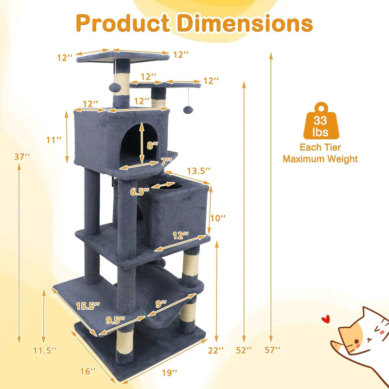 57 Inch Cat Tree with Dual Condos and Hammock and 2 Dangling Balls by DirectDeals