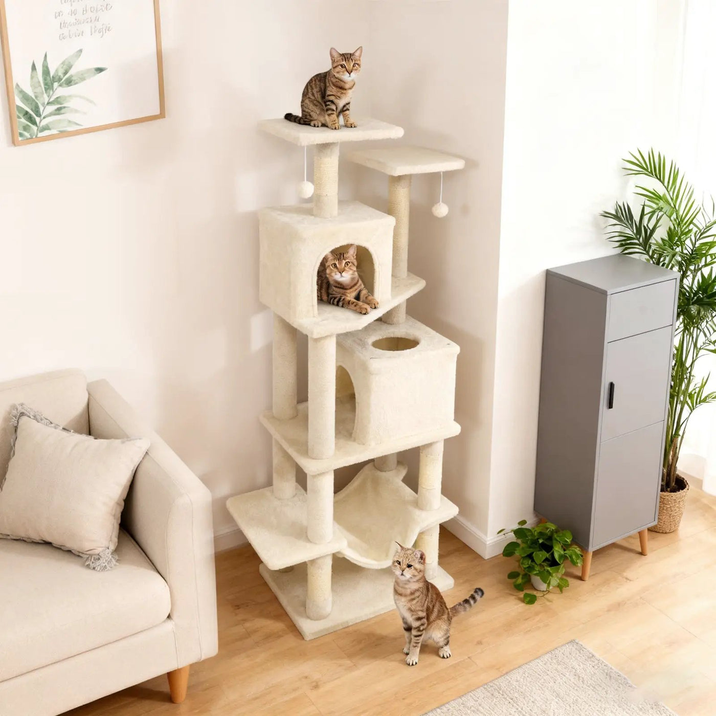 57 Inch Cat Tree with Dual Condos and Hammock and 2 Dangling Balls by DirectDeals