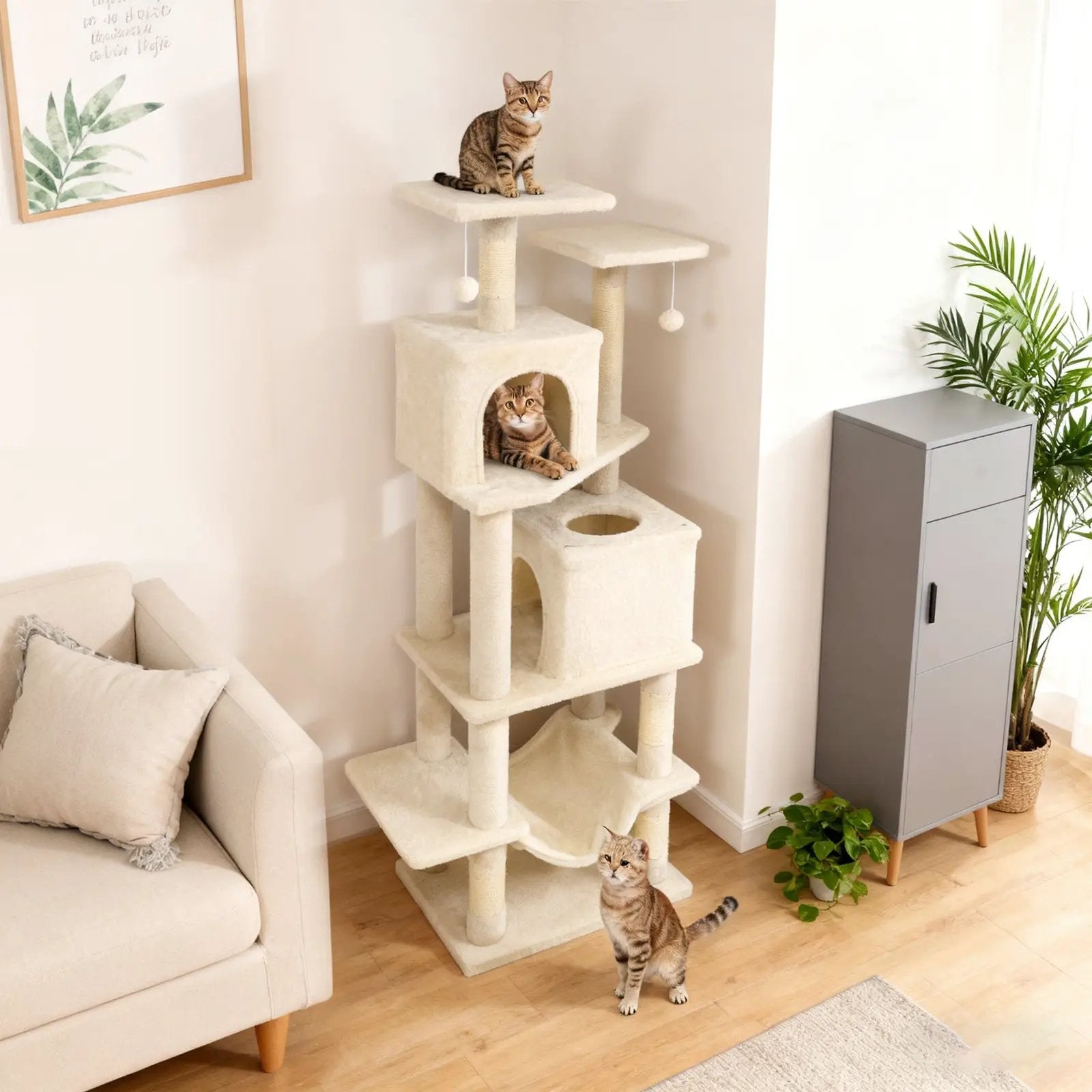 57 Inch Cat Tree with Dual Condos and Hammock and 2 Dangling Balls by DirectDeals