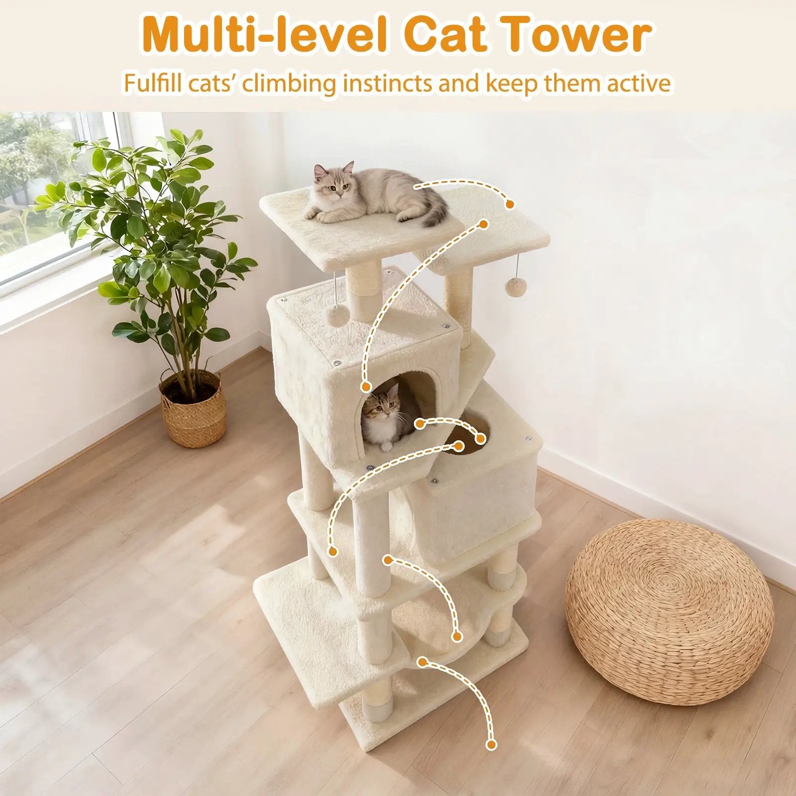 57 Inch Cat Tree with Dual Condos and Hammock and 2 Dangling Balls by DirectDeals