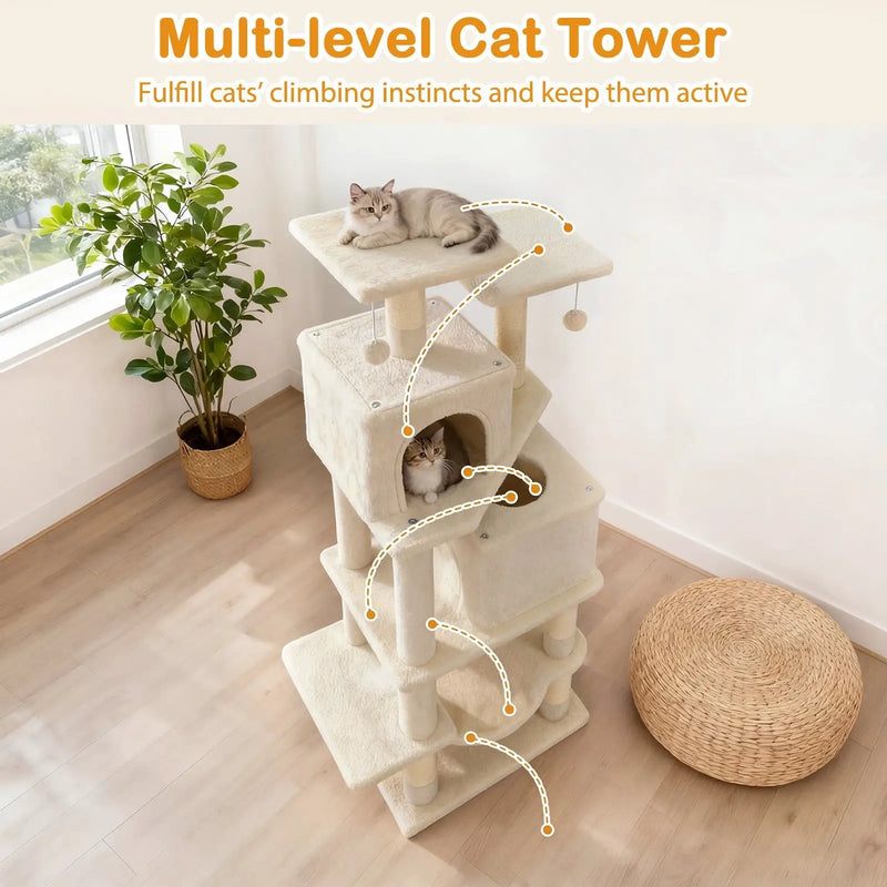 57 Inch Cat Tree with Dual Condos and Hammock and 2 Dangling Balls by DirectDeals