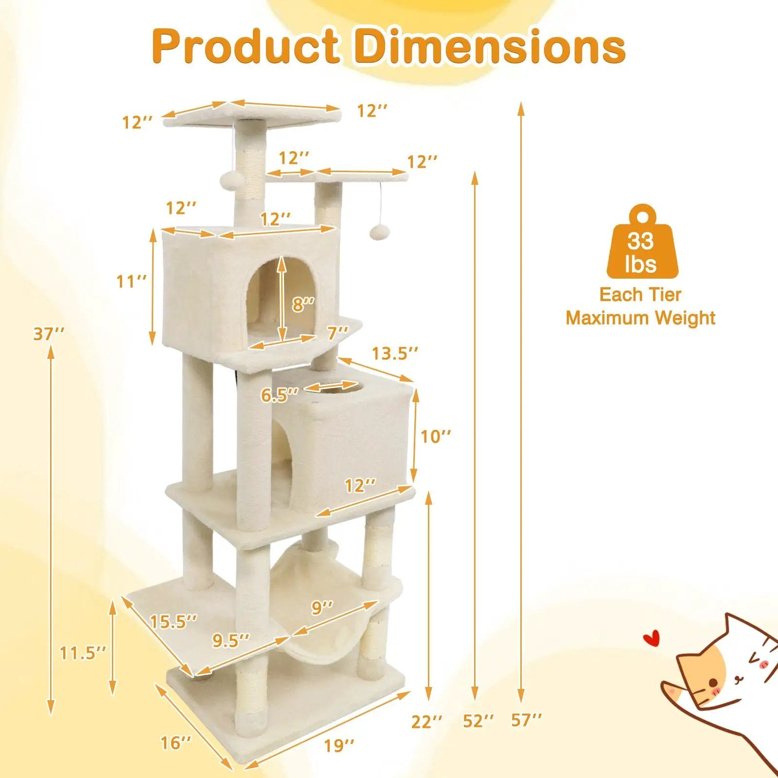 57 Inch Cat Tree with Dual Condos and Hammock and 2 Dangling Balls by DirectDeals