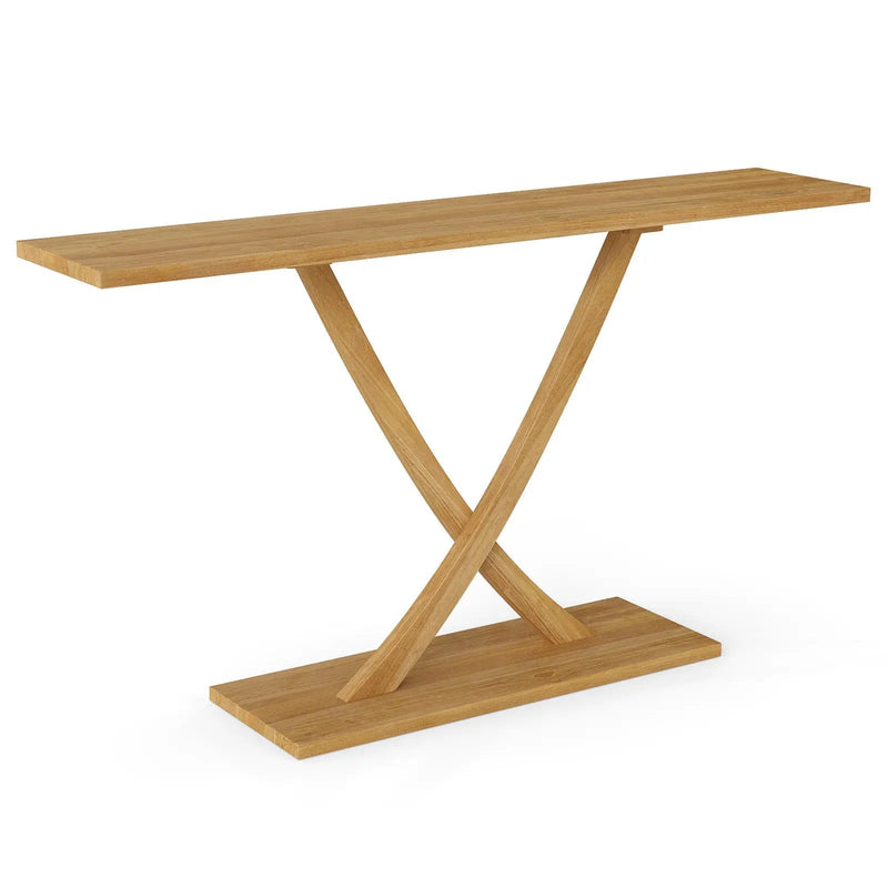 57 Inch Solid Wood Console Table with Teak Wood Frame and Geometric Design by DirectDeals