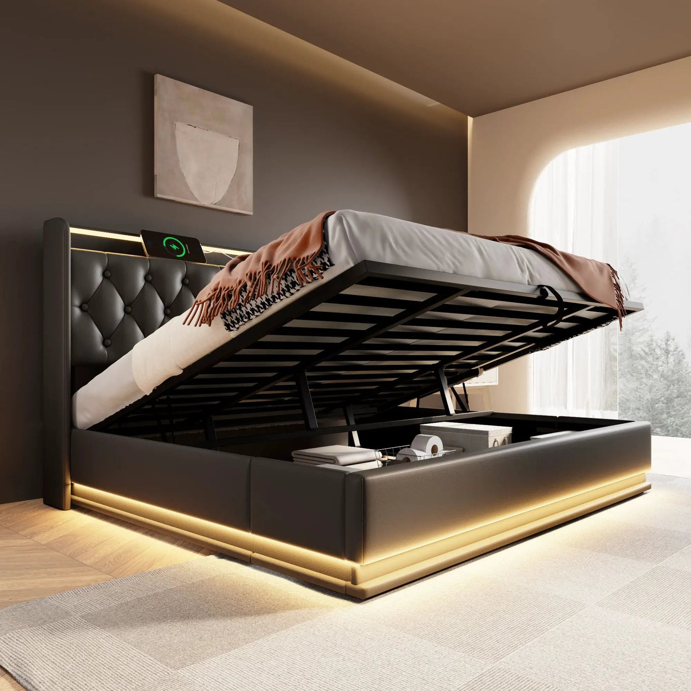 Upholstered Bed, 360 Surround LED Function, Remote Control, Hydraulic Storage Bed With USB, Type-C Charging (Without Mattress) by Unique Piece Furniture