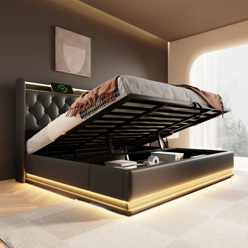 Upholstered Bed, 360 Surround LED Function, Remote Control, Hydraulic Storage Bed With USB, Type-C Charging (Without Mattress) by Unique Piece Furniture