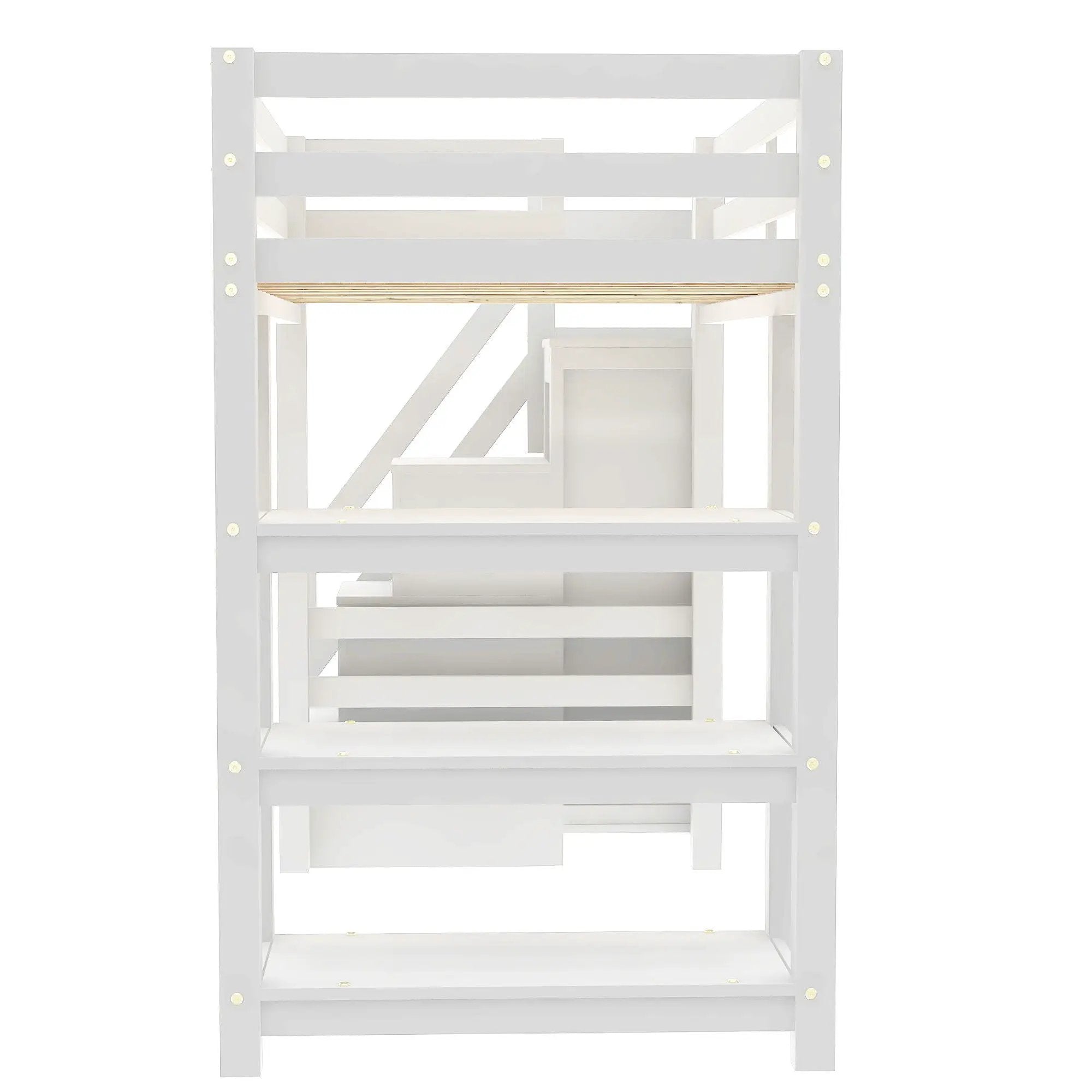 Loft Bed With 4 Layer Shelves, Storage Staircase, Small Wardrobe And LED Light