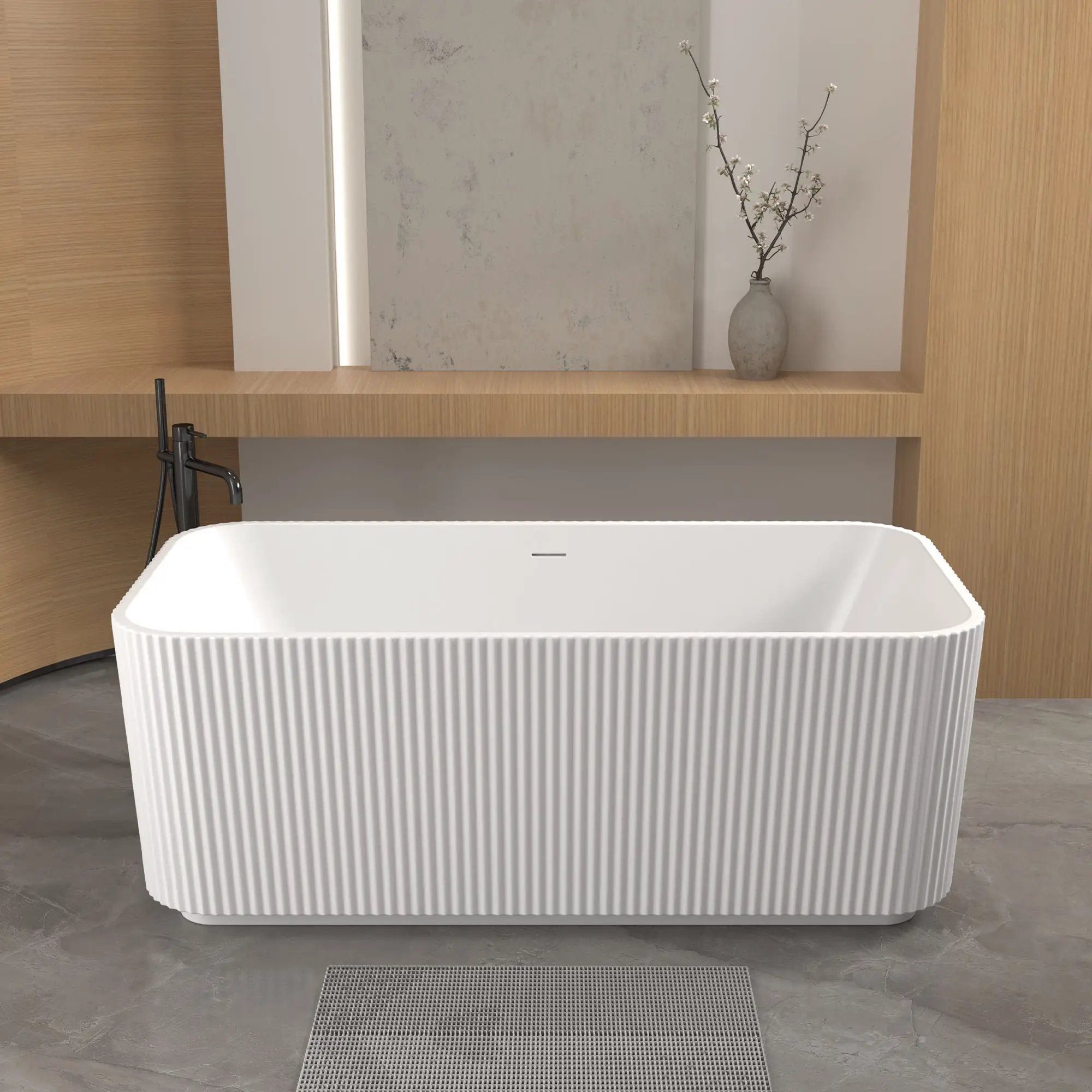 Rectangle Linear Freestanding Soaker Tub With Pop Up Drain, Double Wall Insulated Construction - Gloss White