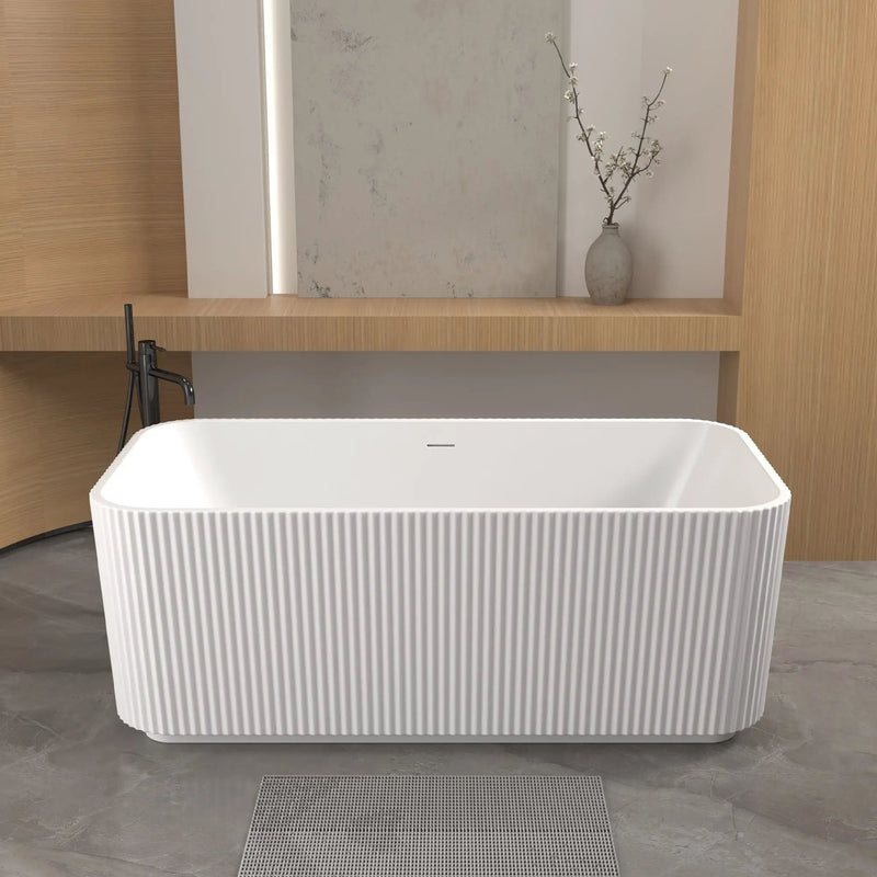 Rectangle Linear Freestanding Soaker Tub With Pop Up Drain, Double Wall Insulated Construction - Gloss White