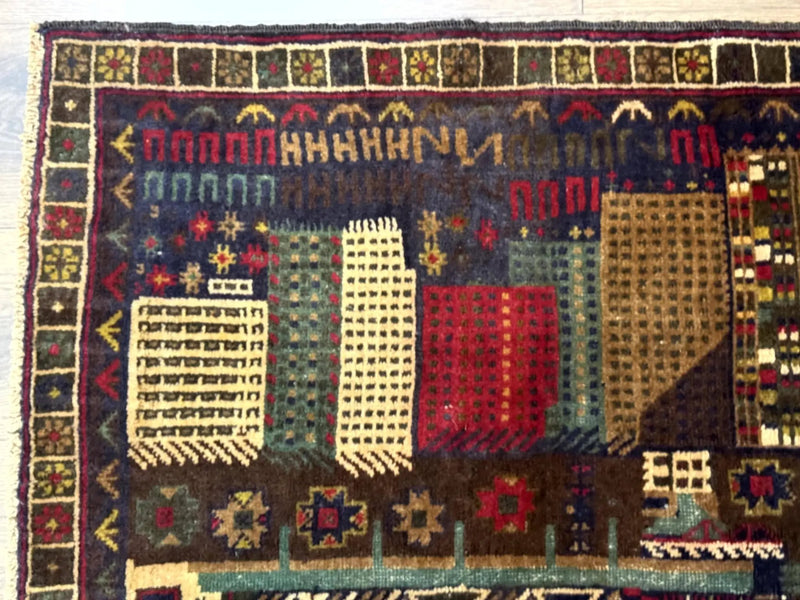 Balouch Rug 3x5, Afghan Carpet, City Pictorial by Jewel Rugs