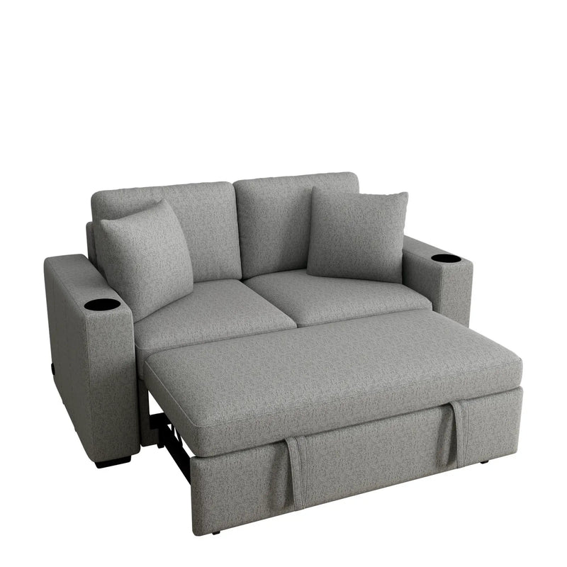 Modern 2 Seater Loveseat Sofa With Pull-Out Bed, Fabric, Built-In USB Ports & Cup Holders by Unique Piece Furniture