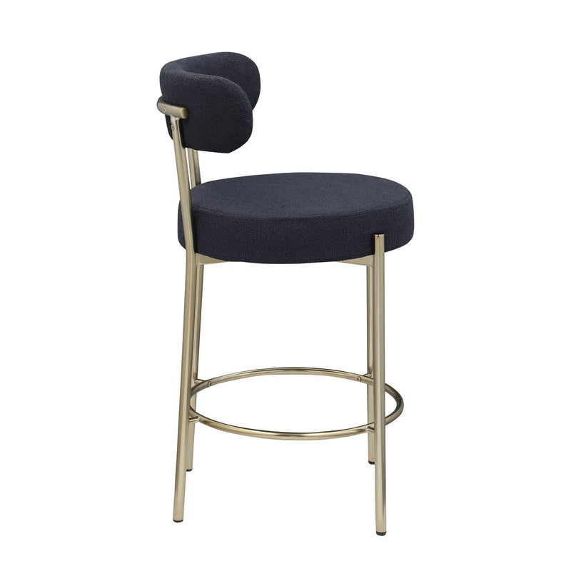 Modern Sherpa Counter Height Stools, Uphsoltered Seat Height Barstools With Brushed Brass Metal Legs Round Low Back Kitchen Stools With Footrest For Dining Room (Set of 2) by Unique Piece Furniture