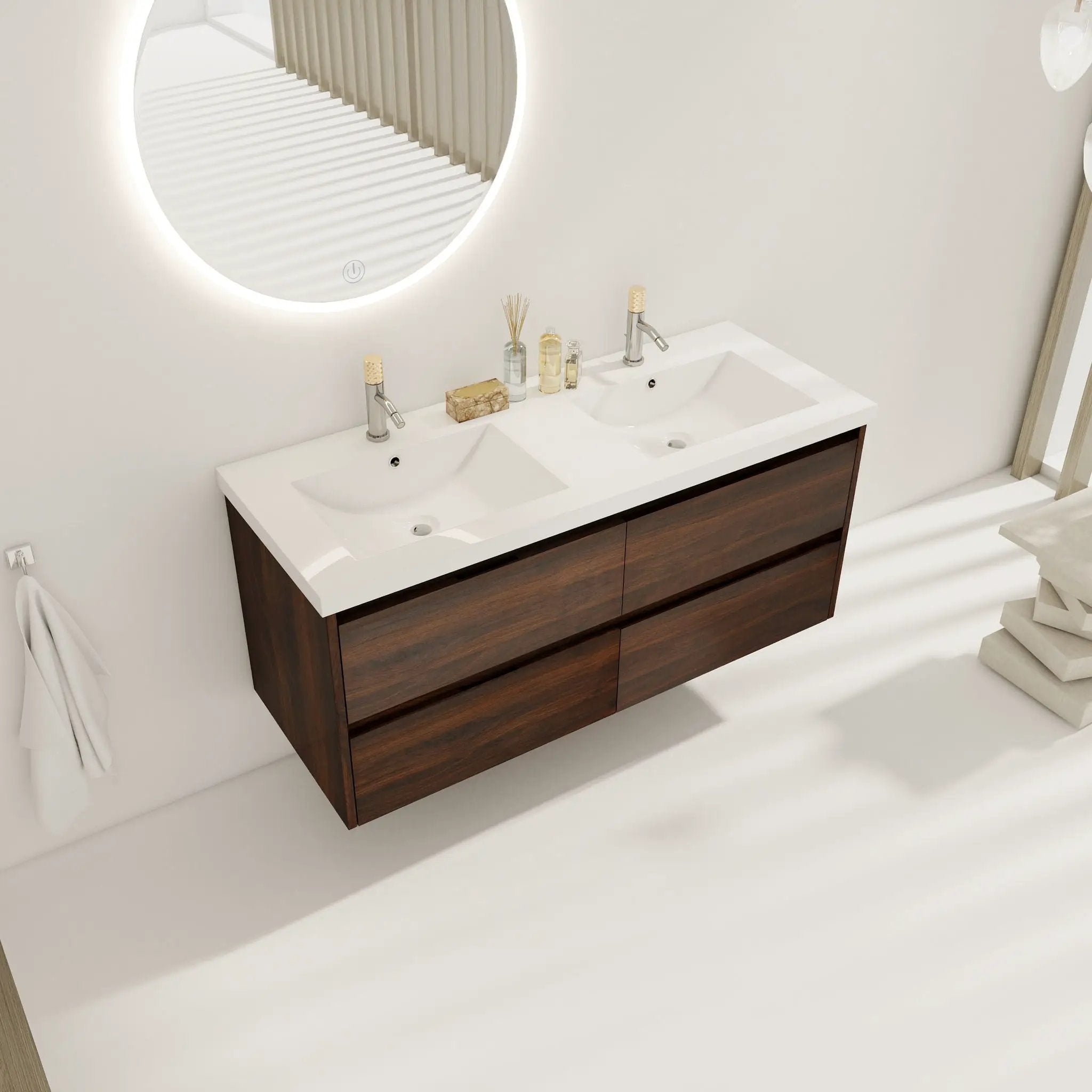 Modern Floating Bathroom Vanity With Dual Resin Sink, Soft Close Drawers