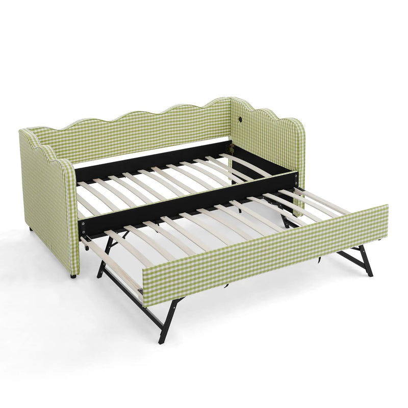 Gingham Daybed With USB Charging Port, Wave-Shaped Design by Unique Piece Furniture