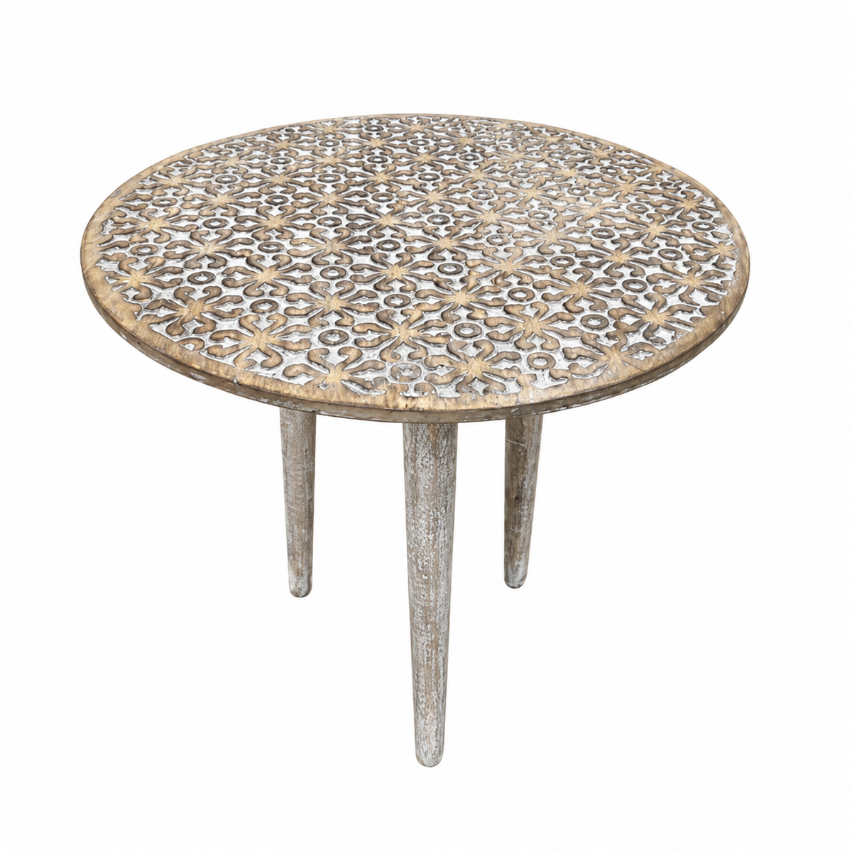 Handcrafted Mango Wood Round Accent Table with Intricate Carving - Gray Antique Wash, photo 2 of 7