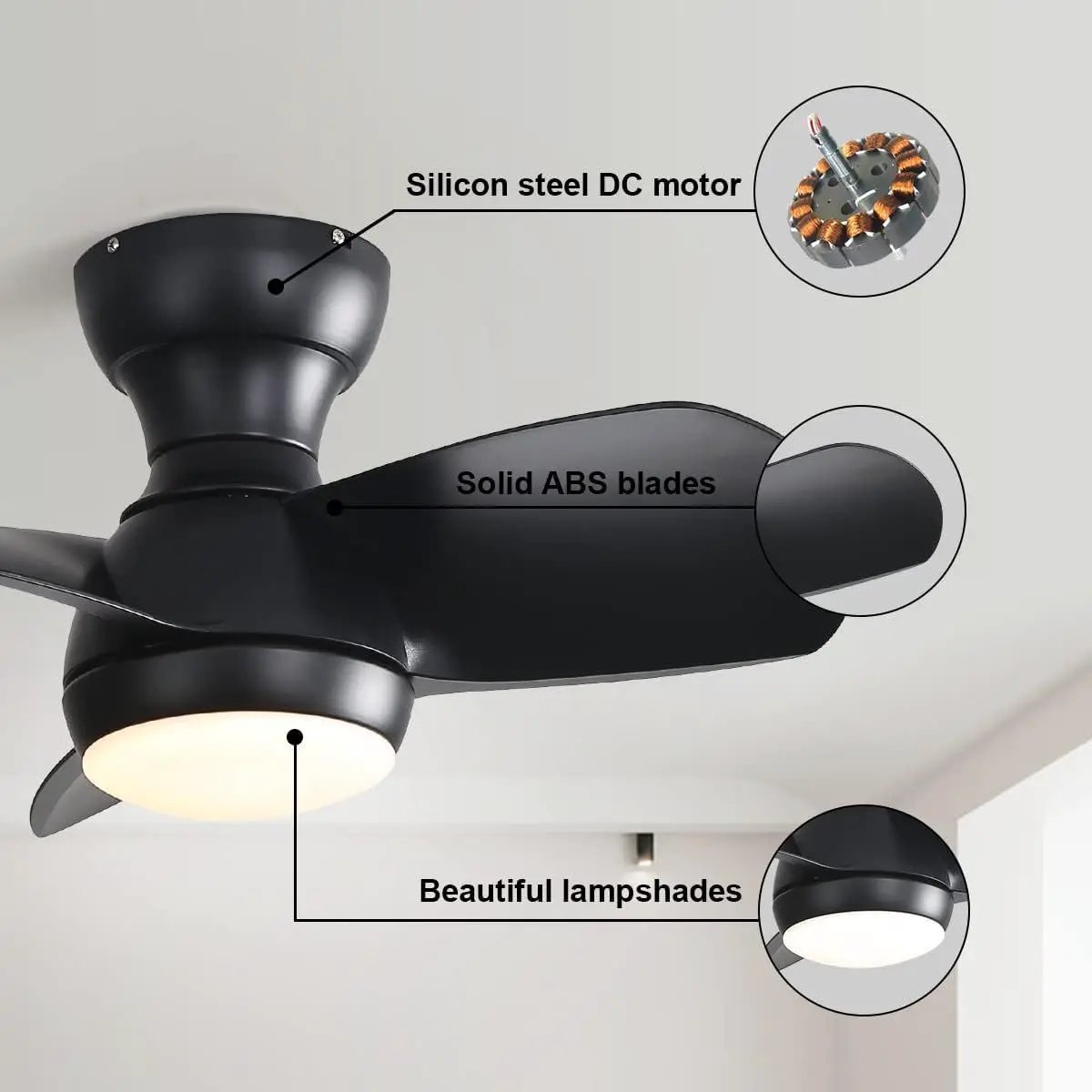 23" Bedroom Ceiling Fan With 3 Color Dimmable 3 ABS Blades Remote Control Dc Motor With 18W Led Light by HouseOfZazla