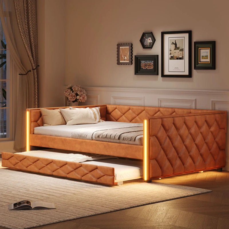 Upholstered Full Long Daybed With Trundle And LED Armrests - Brown by Unique Piece Furniture