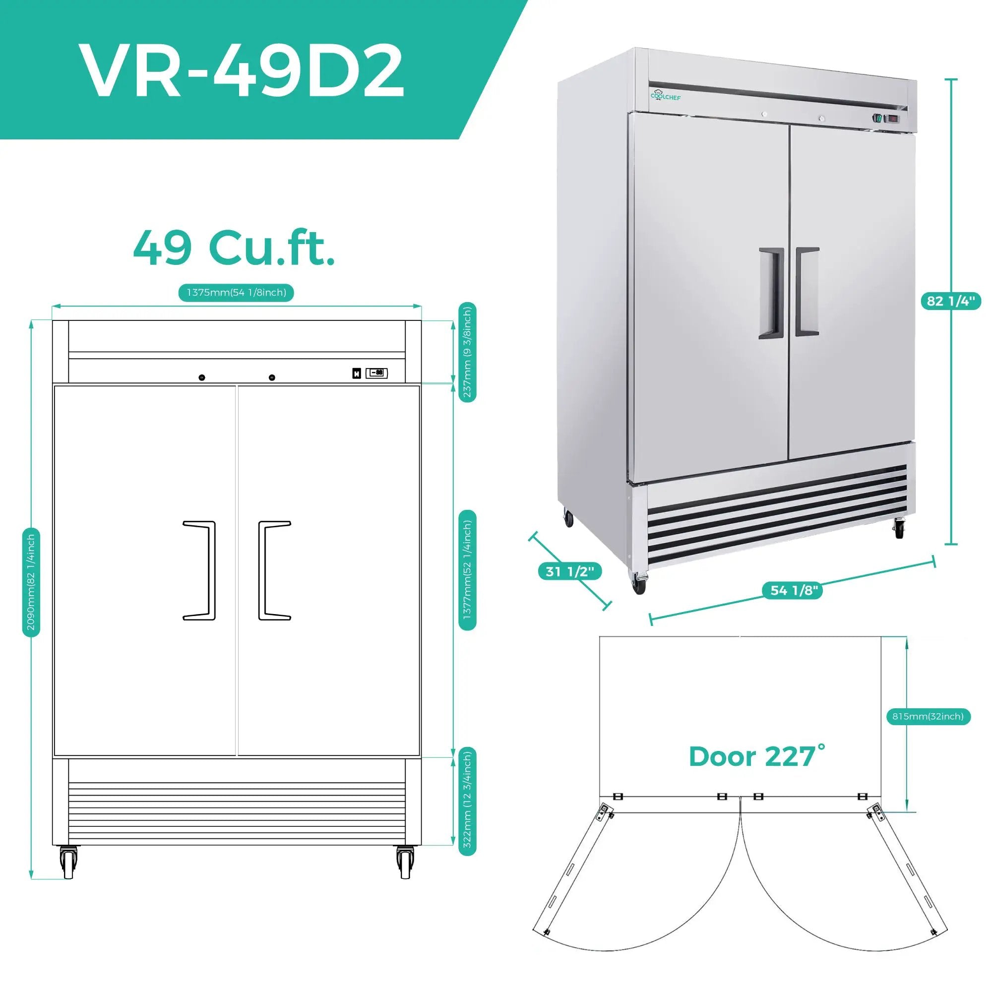 54" Commercial Refrigerator 49 Cu.Ft Stainless Steel 2 Door Reach-In Fridge by HouseOfZazla