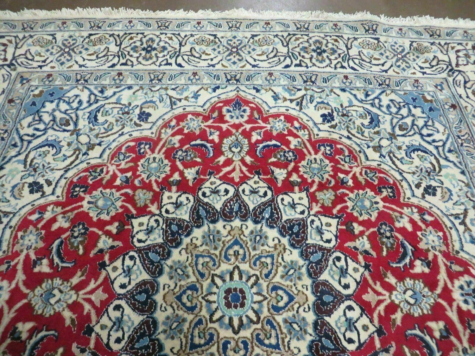 Square Persian Nain Rug 6'3" x 6' 8", Hand-Knotted, Wool with Silk Accents, Ivory Red Blue by Jewel Rugs