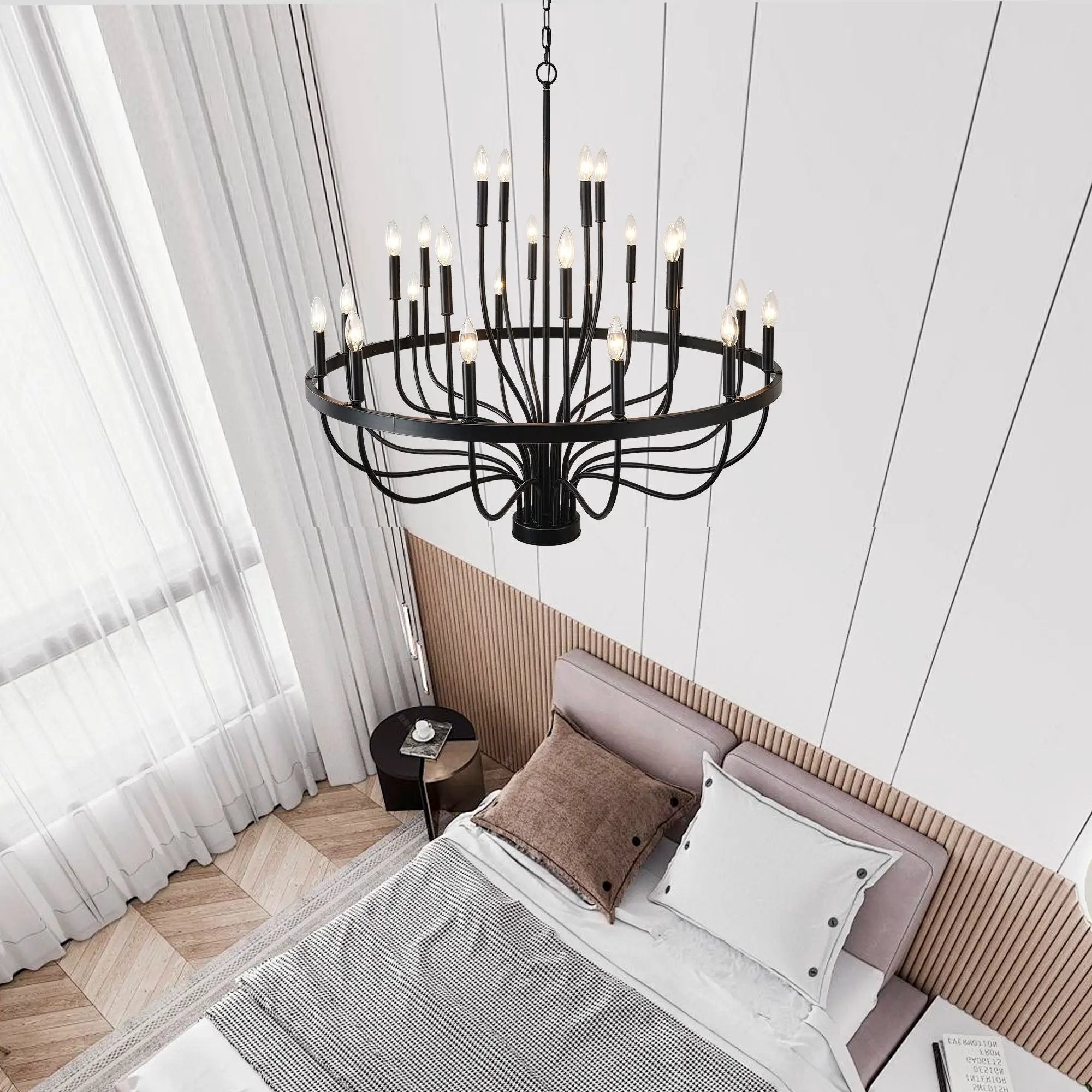 24 Light Chandelier Industrial Iron Candle Chandelier Modern Suspended Farmhouse Chandeliers Pendant Light Fixtures For Dining Room Bedroom Living Room Kitchen Island Foyer E12 Bulb (No Include) - Black by Unique Piece Furniture