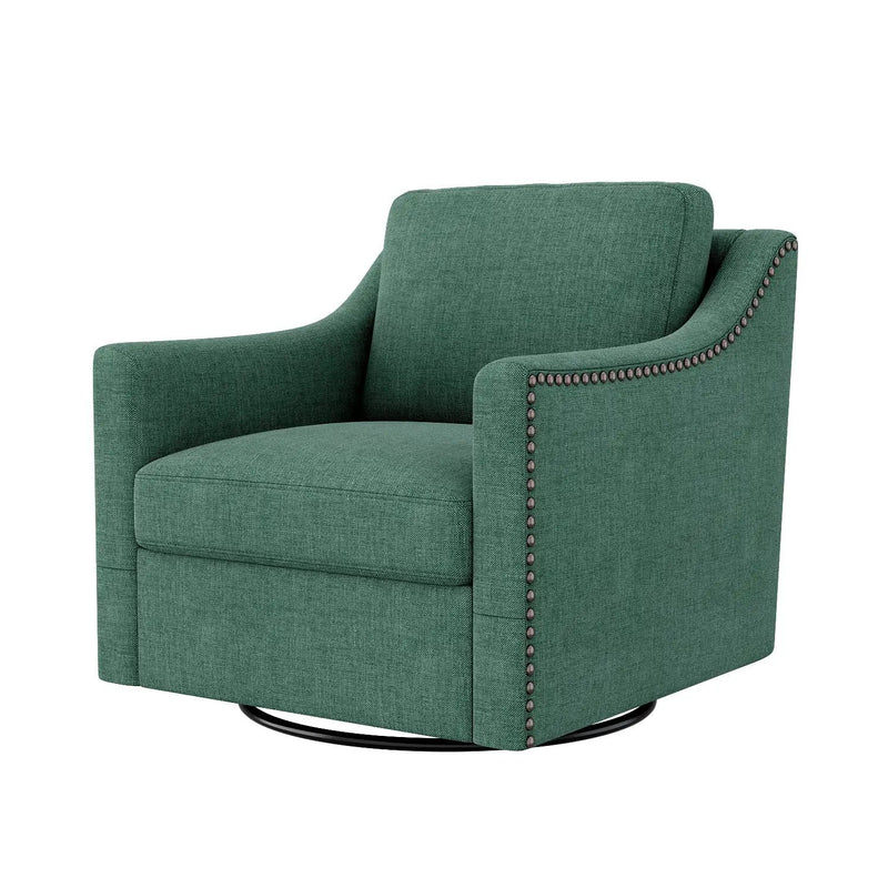 360 Degree Swivel Armchair Cotton Linen Fabric with Brass Nail Detailing by HouseOfZazla