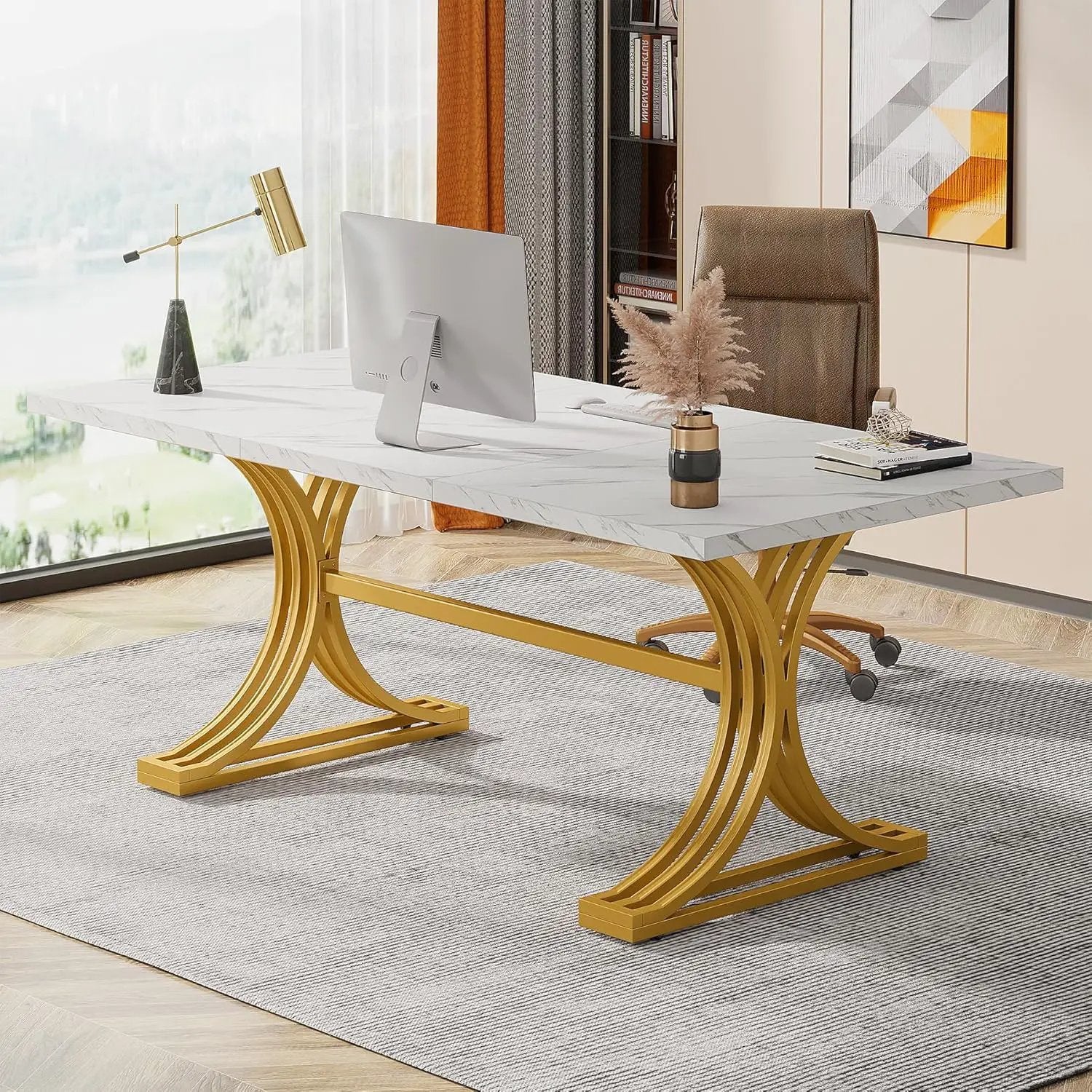 Executive Desk With X-Legs, Sturdy Office Workstation For Home Office - White / Gold by HouseOfZazla