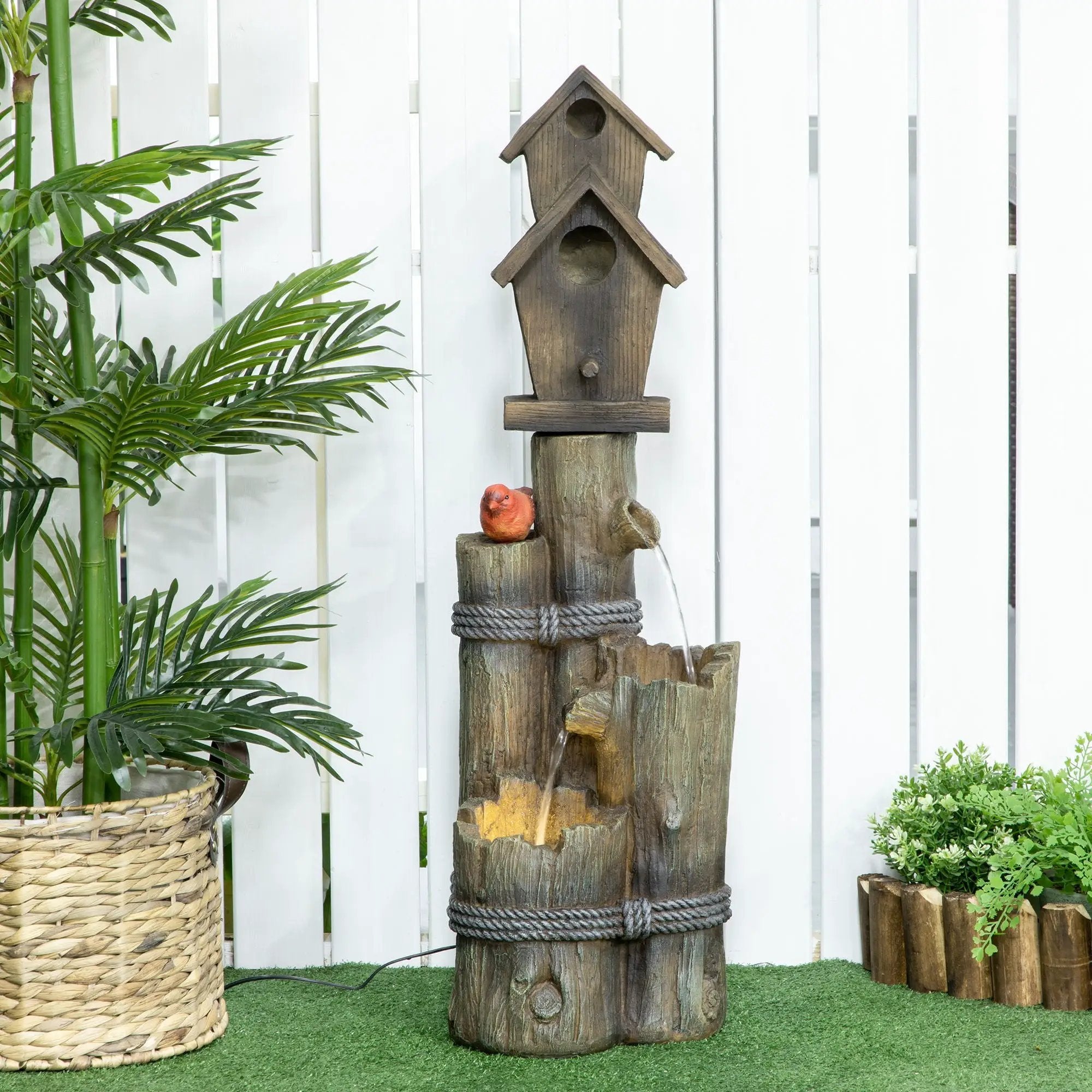 Outsunny - Outdoor Fountain With Birdhouse, Cascading Garden Waterfall Bird Bath With 3 Tier Rustic Tree Trunk / Log Design, LED Lights For Porch, Deck, Yard Decor - Brown by HouseOfZazla