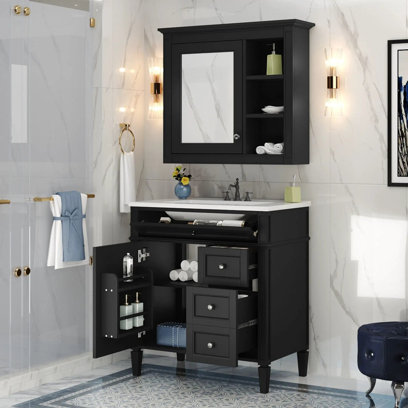 Bathroom Vanity With Top Sink, 2 Doors And 3 Drawers, Freestanding Set With Mirror Cabinet by Unique Piece Furniture