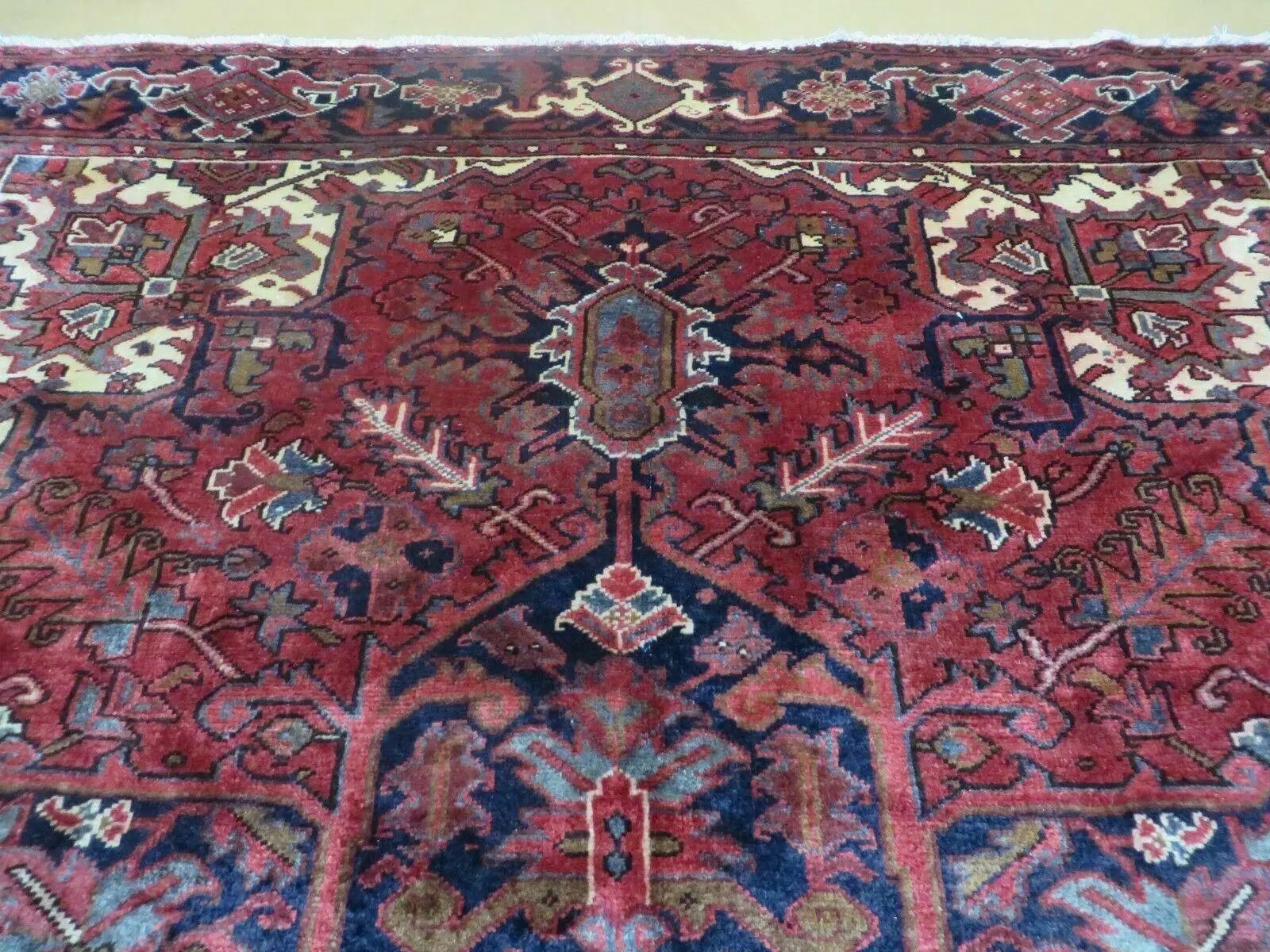 Persian Rug 8x11 Room Sized Heriz Carpet, Hand Knotted Wool Rug, Vintage Semi Antique, Geometric Medallion, Wine Red Cream Dark Blue, Wow by Jewel Rugs