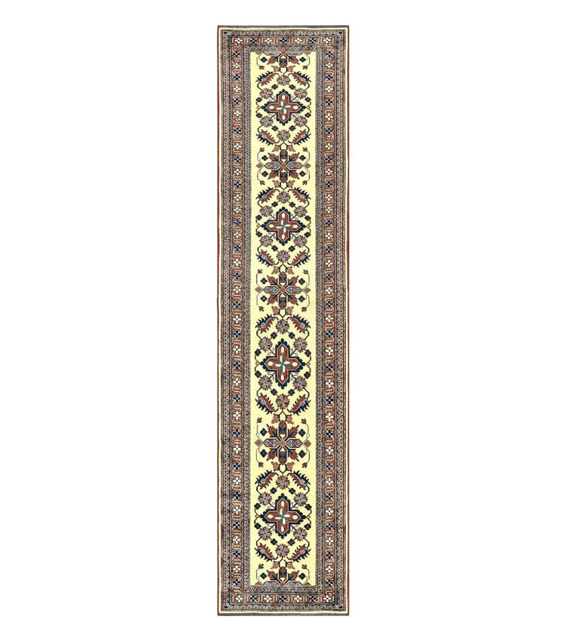 Afghan Heriz Runner Rug 2.9 x 12, Vintage Hand Knotted Persian Carpet for Hallway, 12ft Runner, Wool, Cream by Jewel Rugs