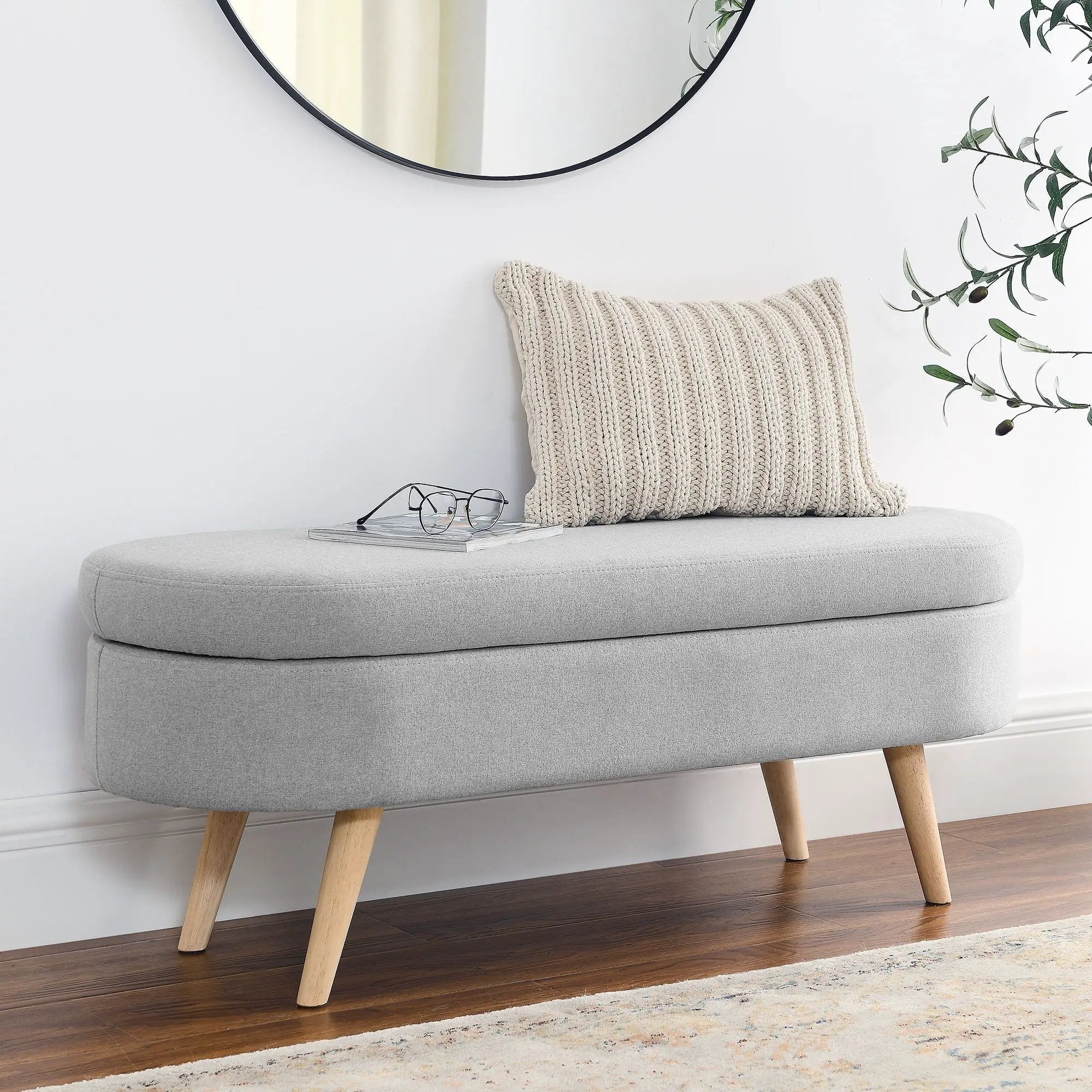 Ottoman Oval Storage Bench With Rubber Wood Legs Linen - Gray by HouseOfZazla
