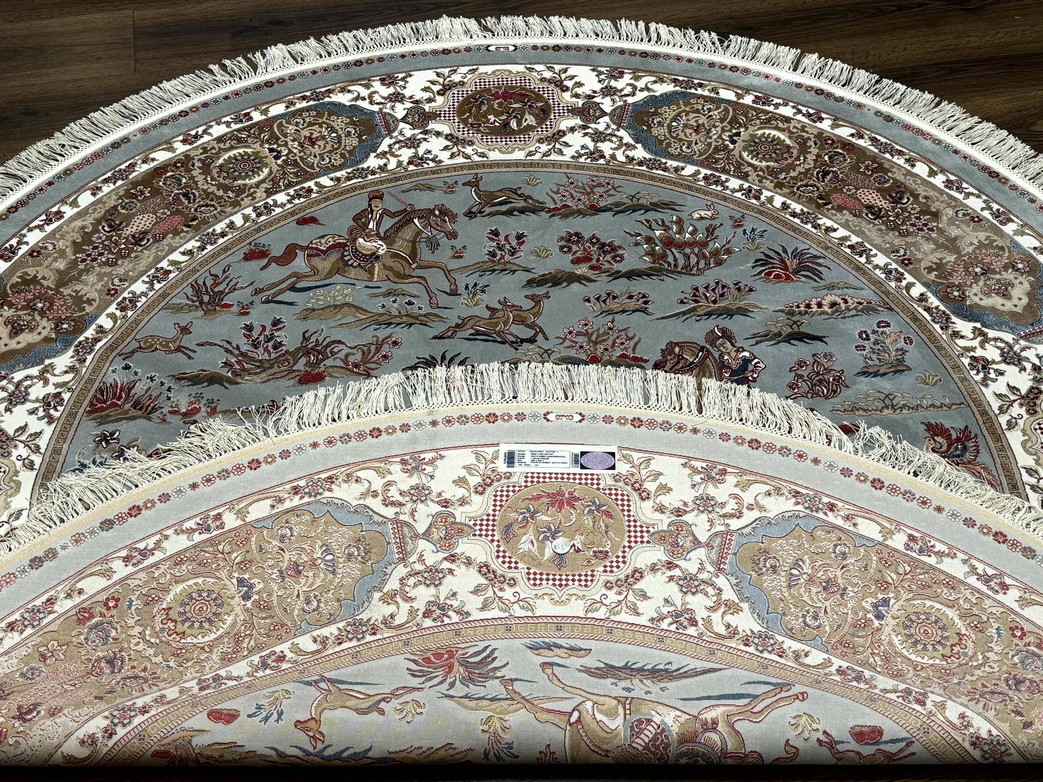 Round Silk Rug 6x6, Hunting Design, Bamboo Silk, Animal Pictorials by Jewel Rugs