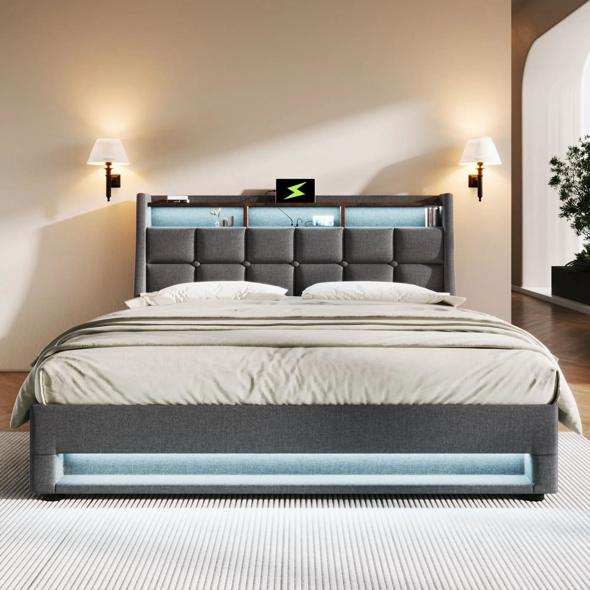 Upholstered Platform Bed With A Hydraulic Storage System, LED And USB Charging (Without Mattress) by HouseOfZazla