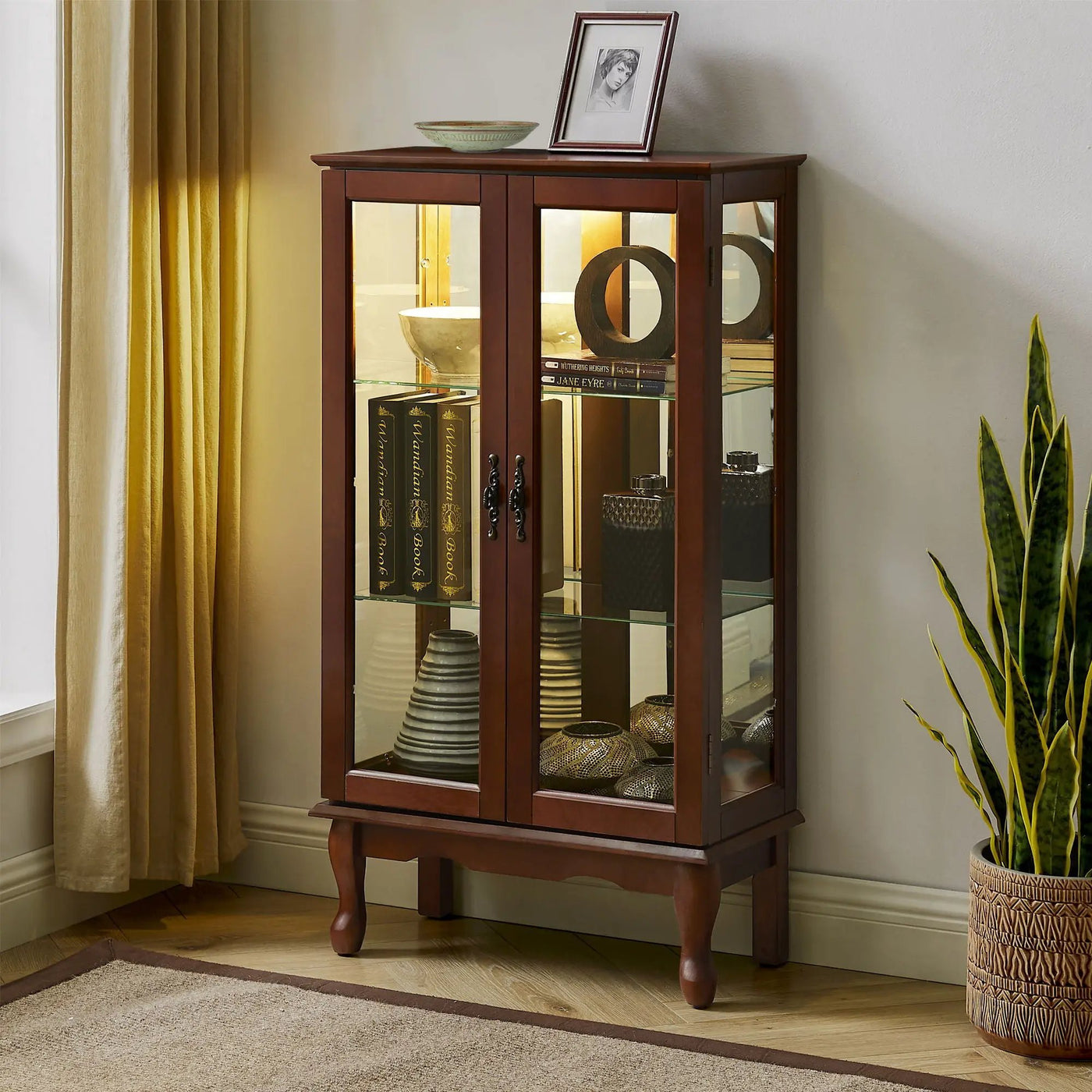 Curio Cabinet Lighted Curio Diapaly Cabinet With Adjustable Shelves And Mirrored Back Panel, Tempered Glass Doors (3 Tier), (E26 Light Bulb Not Included) by HouseOfZazla