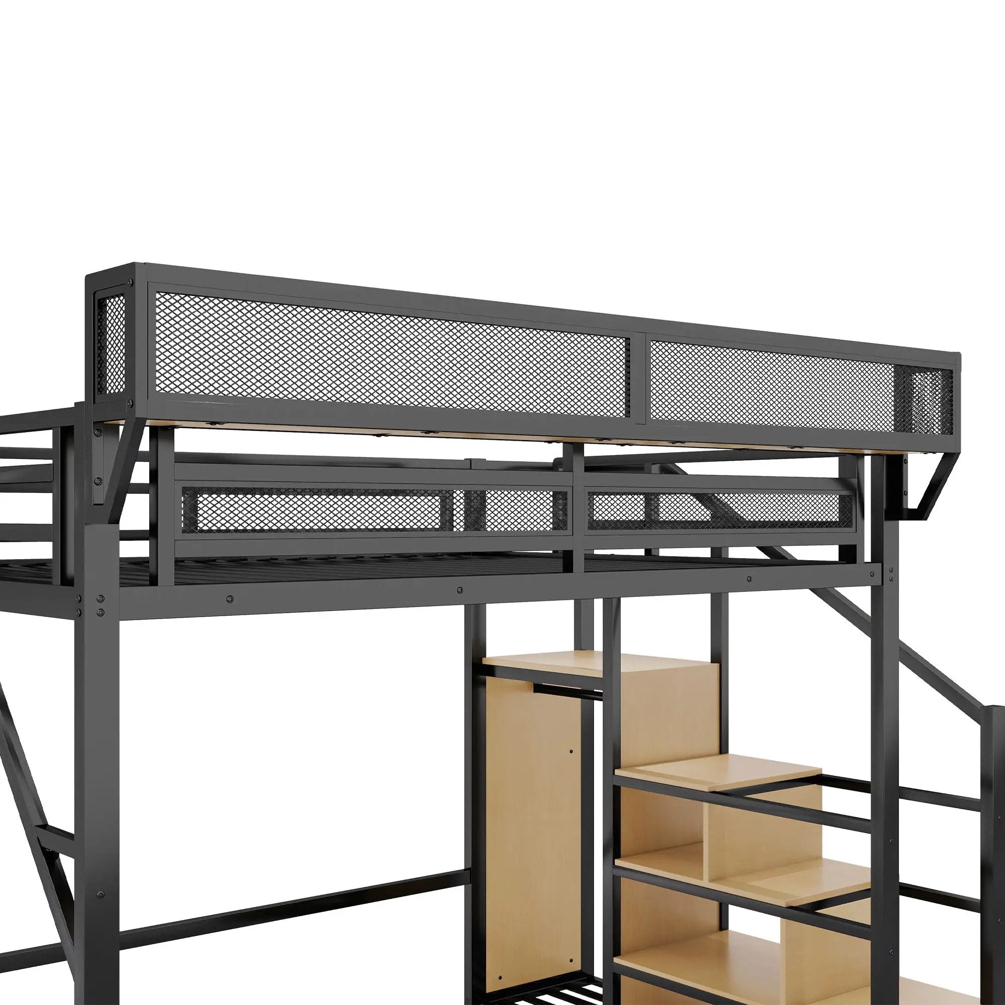 Queen Size Loft Bed & Stairs, Storage Shelves, Wardrobe - Black / Wood by HouseOfZazla