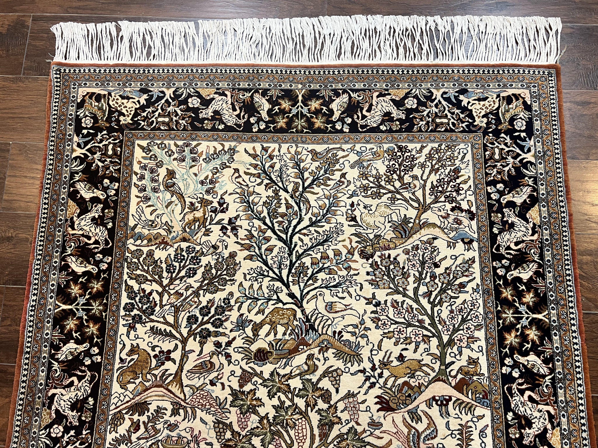 Persian Qum Tree of Life Rug 5x7, Wool and Silk Highlights, Animal Motifs, Vintage Hand Knotted Handmade Cream & Black Fine Oriental Carpet by Jewel Rugs