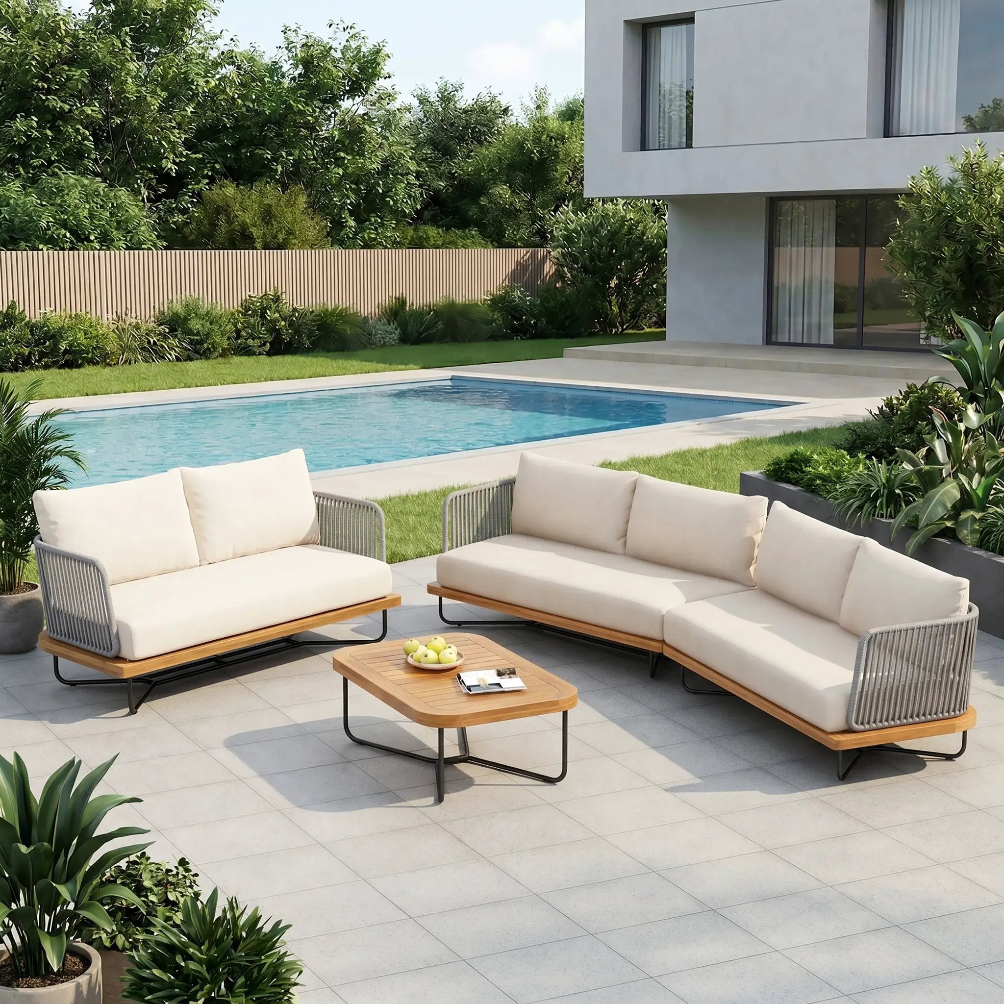 Lucca Outdoor 6 Seaters Acacia Wood and Rope Woven Patio Conversation Set by HouseOfZazla