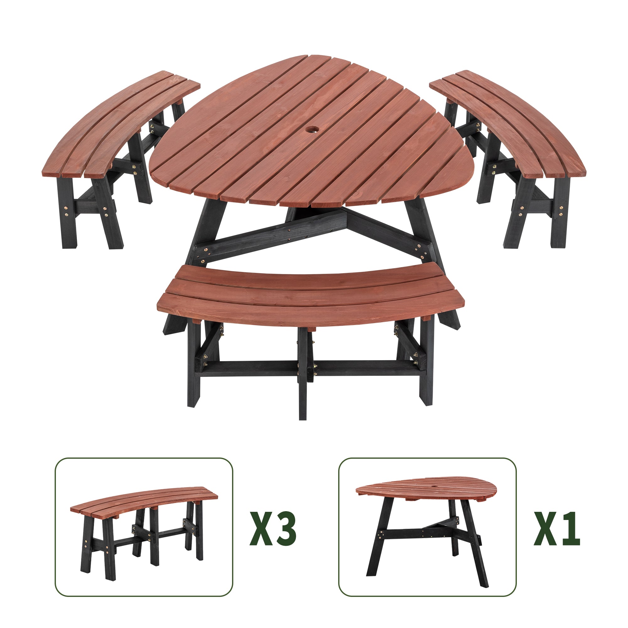 6-Person Semi-Circular Outdoor Solid Fir Wood Picnic Table Set, Rustic by HouseOfZazla