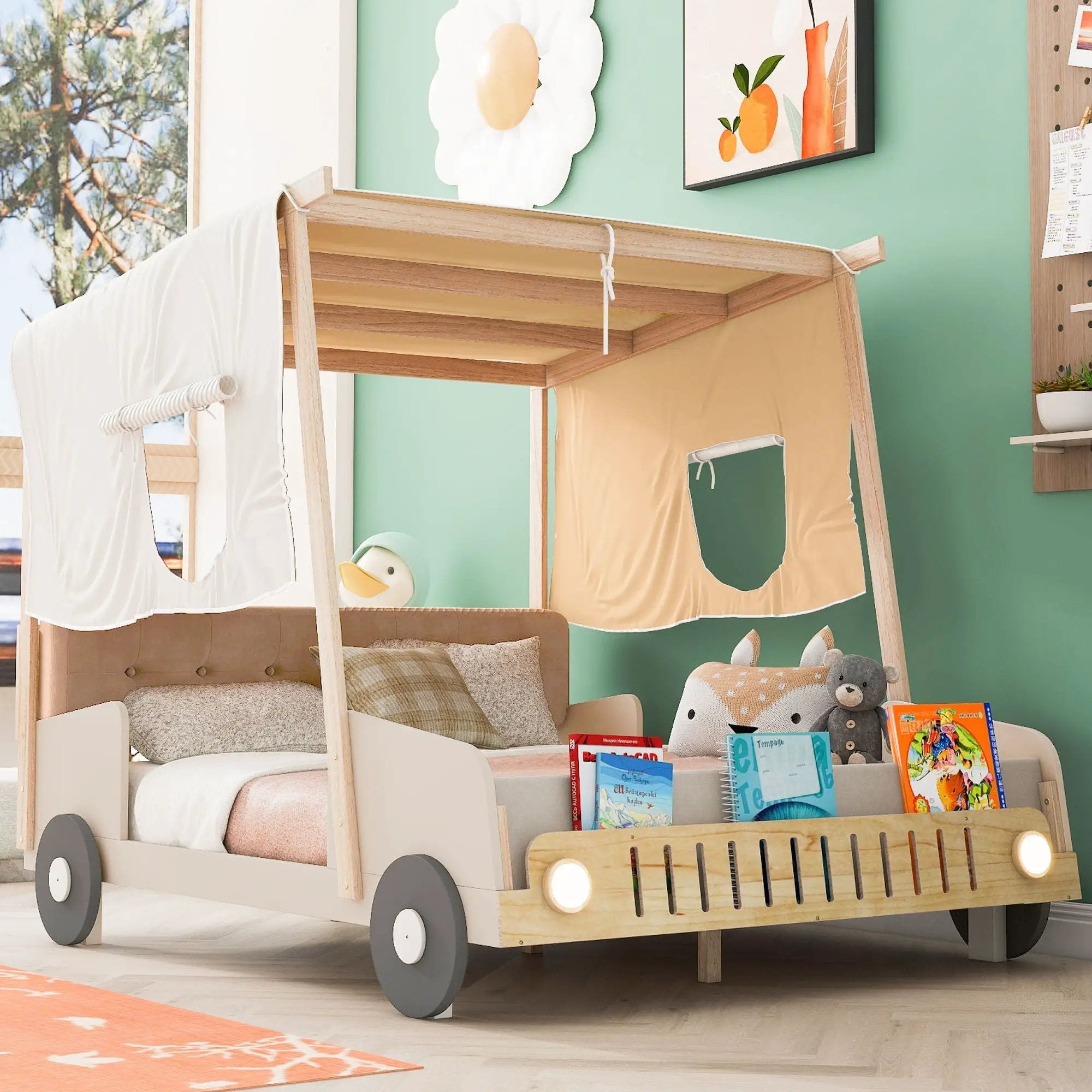 Twin Size Car Bed & Pillow, Ceiling Cloth And LED - Natural by HouseOfZazla