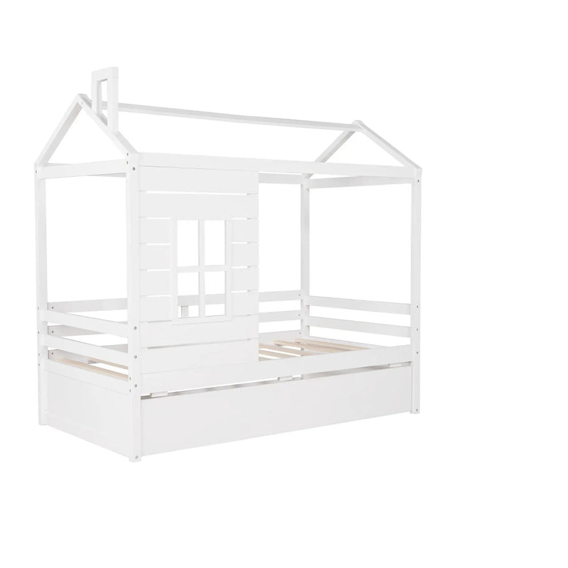 Twin Size Classic House Bed With Twin Size Trundle - White by HouseOfZazla
