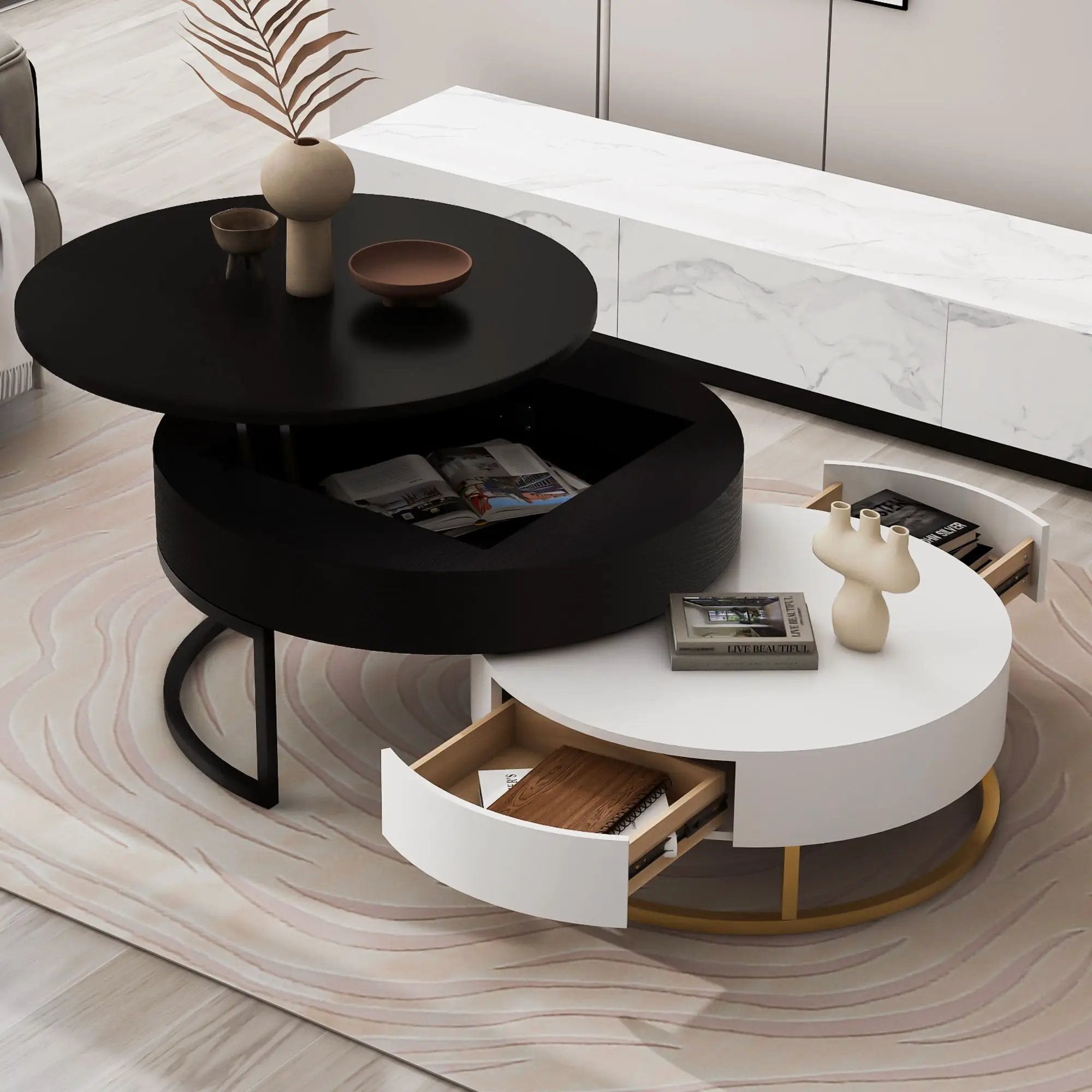 Modern Round Lift-Top Nesting Coffee Tables With 2 Drawers by Unique Piece Furniture
