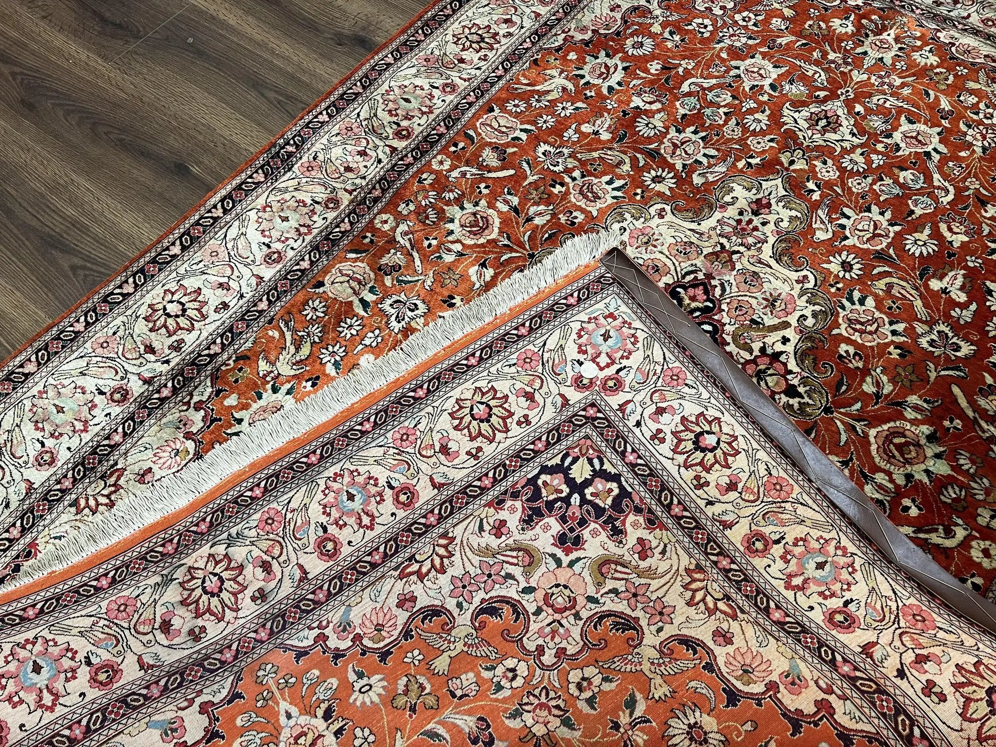 Persian Qum Silk Rug 5x7 - Floral Medallion, Birds, Orange-Red by Jewel Rugs