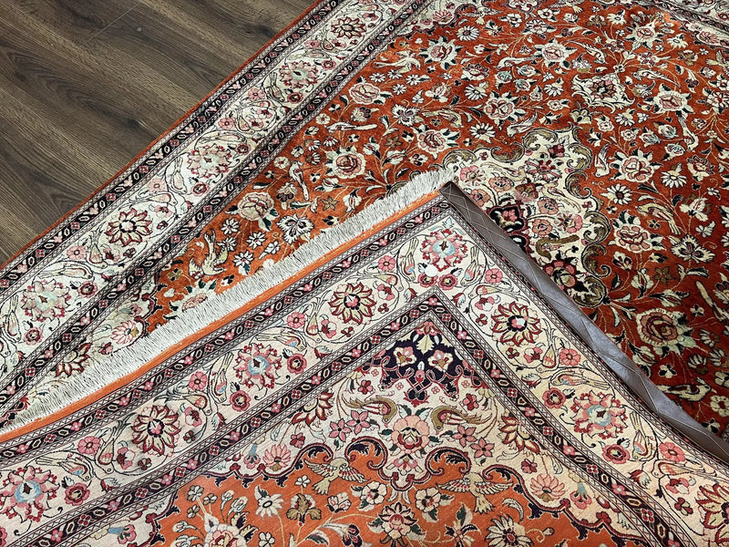 Persian Qum Silk Rug 5x7 - Floral Medallion, Birds, Orange-Red by Jewel Rugs