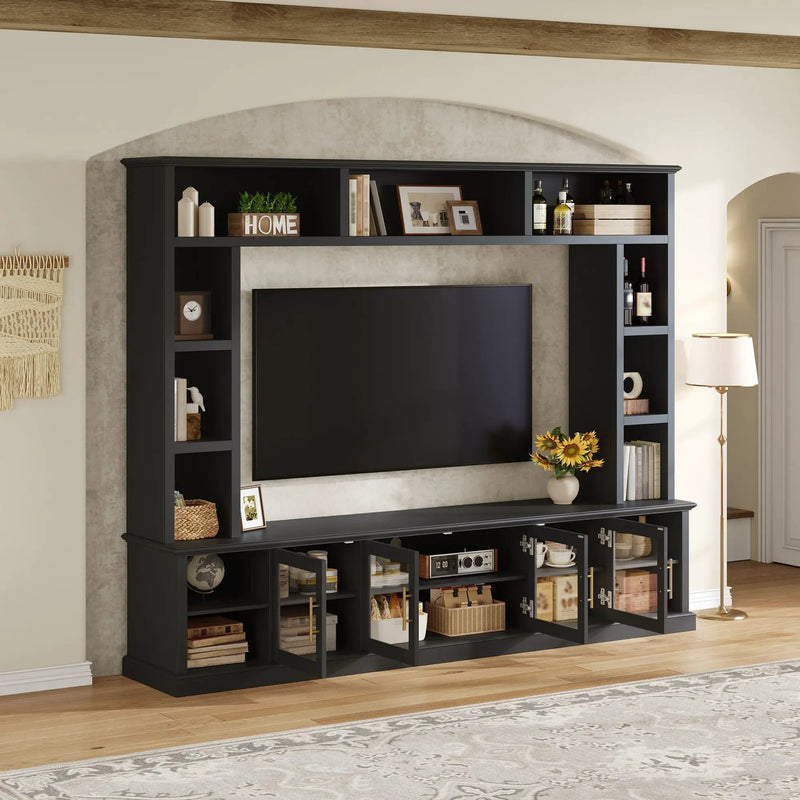 All-In-One Entertainment Center With Bookshelves & Tempered Glass Doors, TV Console Unit For Living Room by Unique Piece Furniture