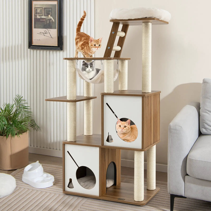 57 Inch Cat Tree Tower Multi-Level Activity Center with Scratching Posts-Natural by DirectDeals