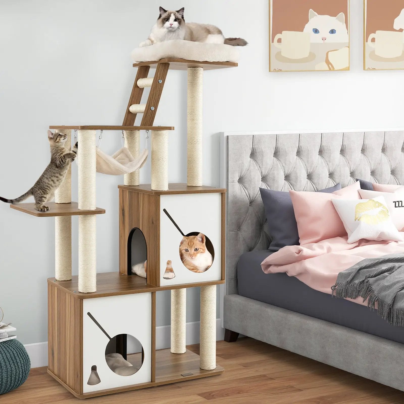 57 Inch Cat Tree Tower Multi-Level Activity Center with Scratching Posts-Natural by DirectDeals