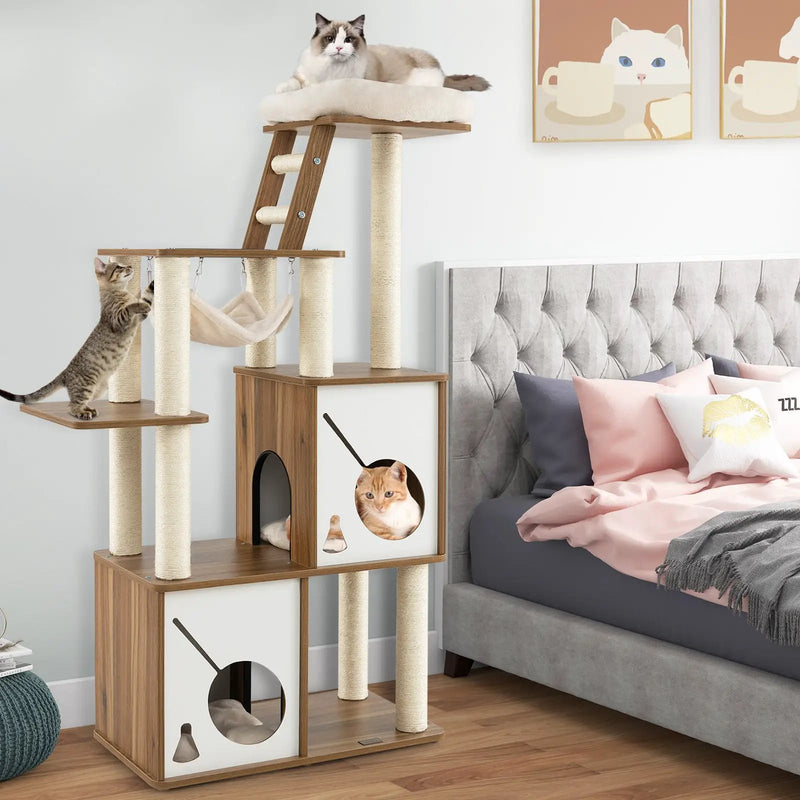 57 Inch Cat Tree Tower Multi-Level Activity Center with Scratching Posts-Natural by DirectDeals