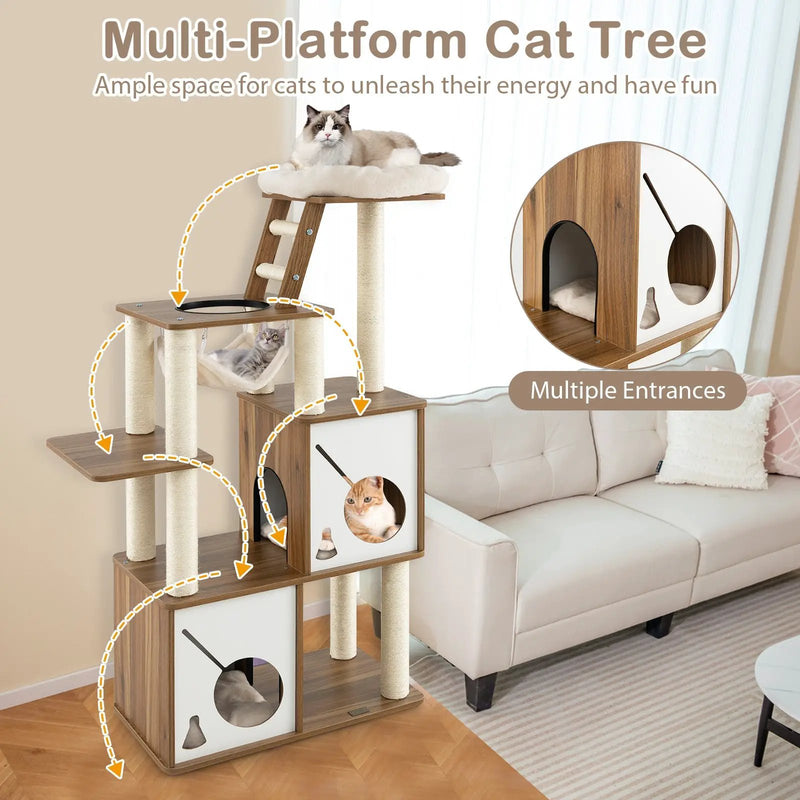 57 Inch Cat Tree Tower Multi-Level Activity Center with Scratching Posts-Natural by DirectDeals