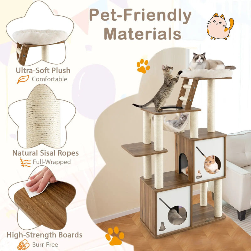57 Inch Cat Tree Tower Multi-Level Activity Center with Scratching Posts-Natural by DirectDeals
