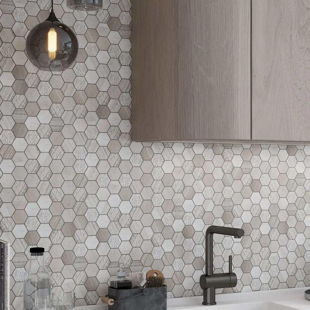 Wooden Grey 12x12 Etched Polished Hexagon Marble Mosaic Tile (5 pack, 4.92 sq ft/case) by Apollo Tile