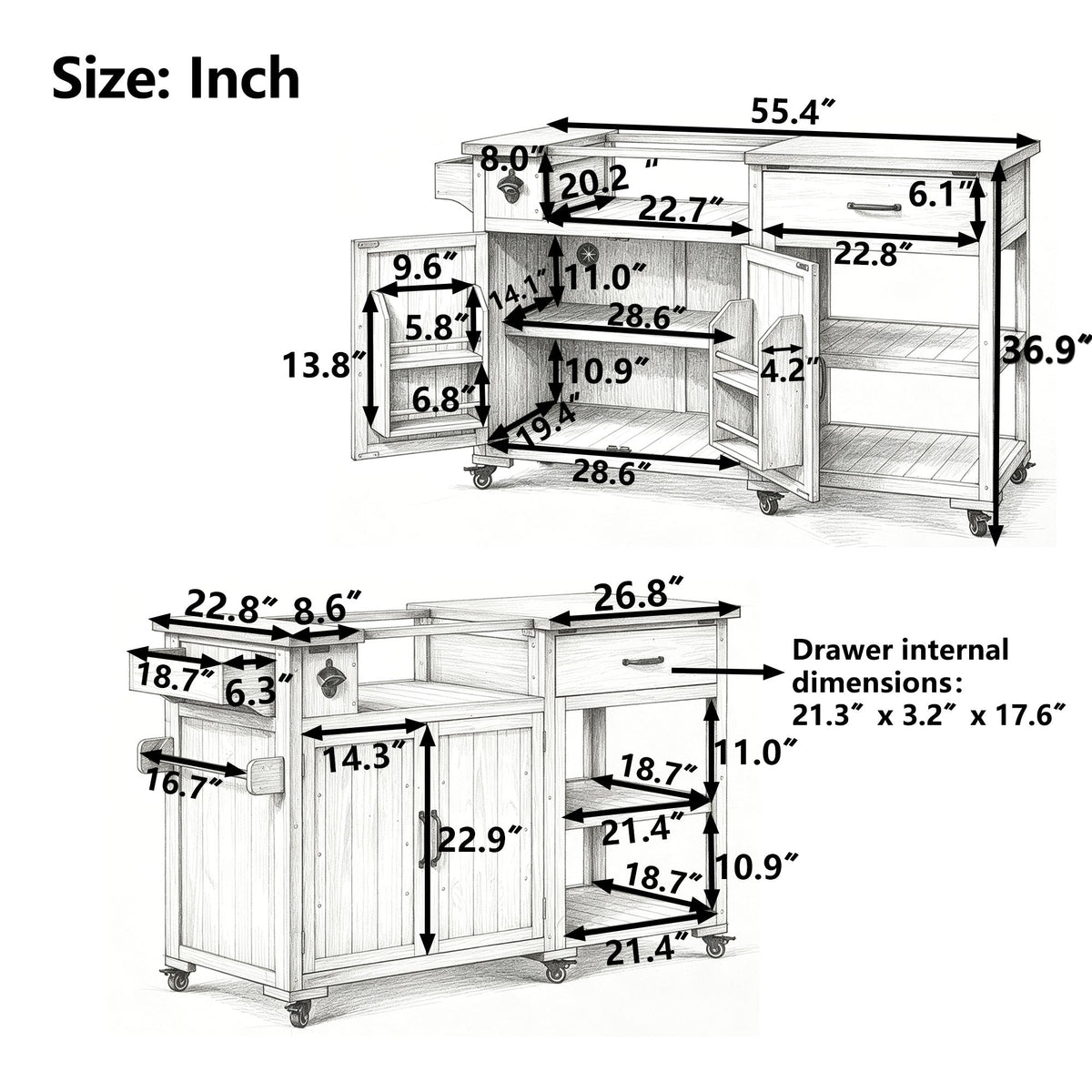 TOPMAX 55.4" Outdoor Solid Wood Kitchen Cart, Stainless Top Grill Cart, Kitchen Island with Spice Rack, Drawer, Adjustable Shelves and 4 Door Racks  for Patio, Deck, photo 5 of 10